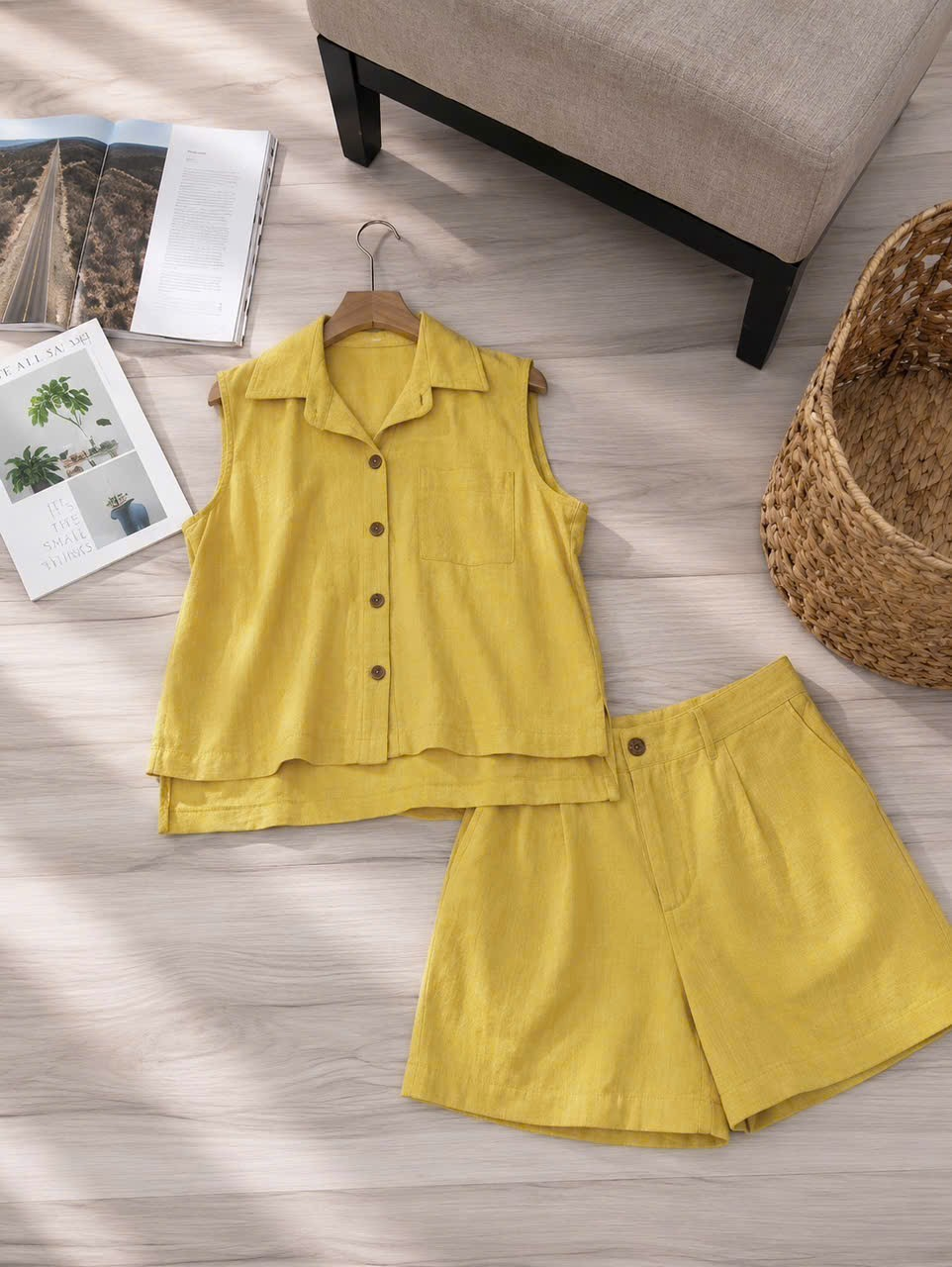 Bộ linen bột đùi áo sơ mi sát nách 2 túi lệch tà_thumbnail_2