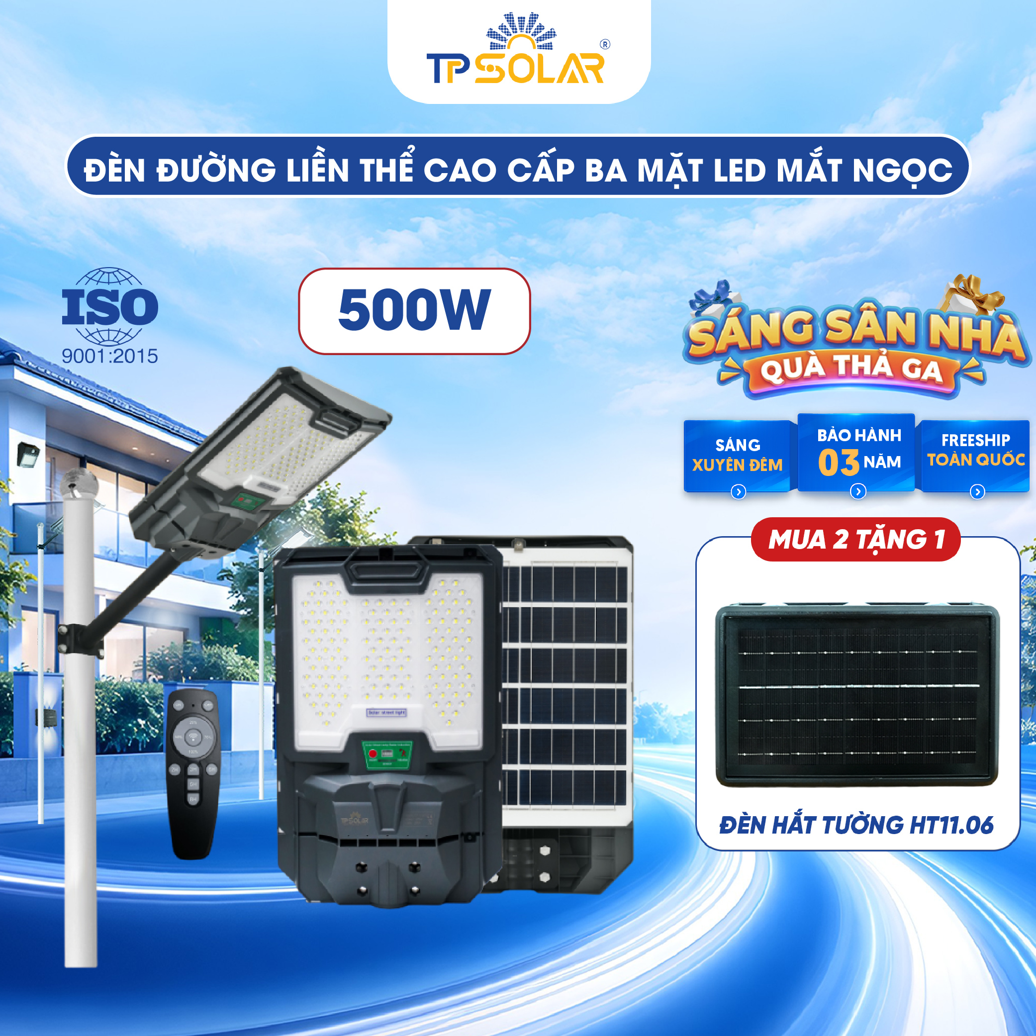 Đèn đường liền thể cao cấp 3 mặt LED mắt ngọc năng lượng mặt trời TP SOLAR LT11