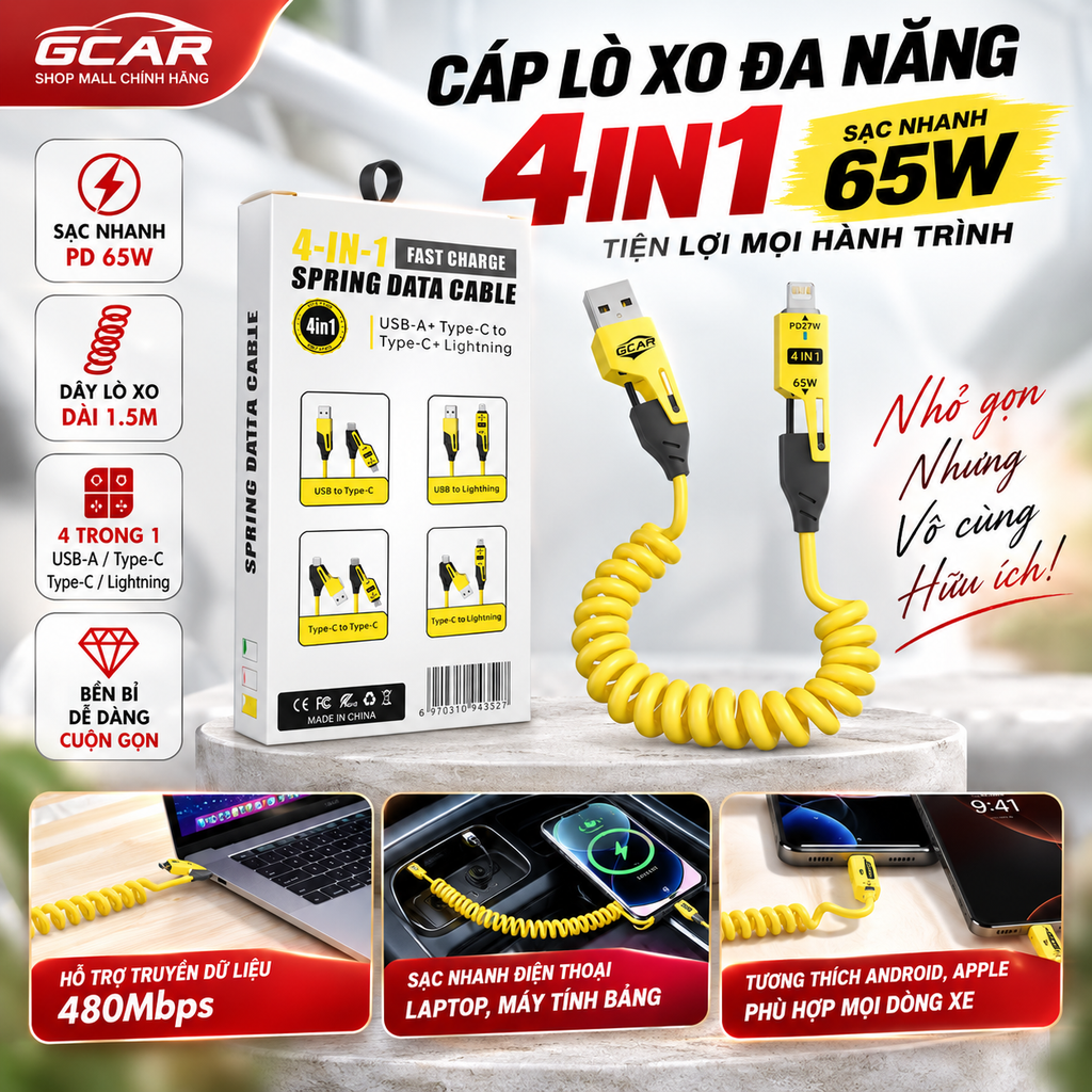 Cáp Sạc Lò Xo Đa Năng 4 in 1 Chuẩn PD 27W / 65W Lò Xo Co Dãn 1.2m
