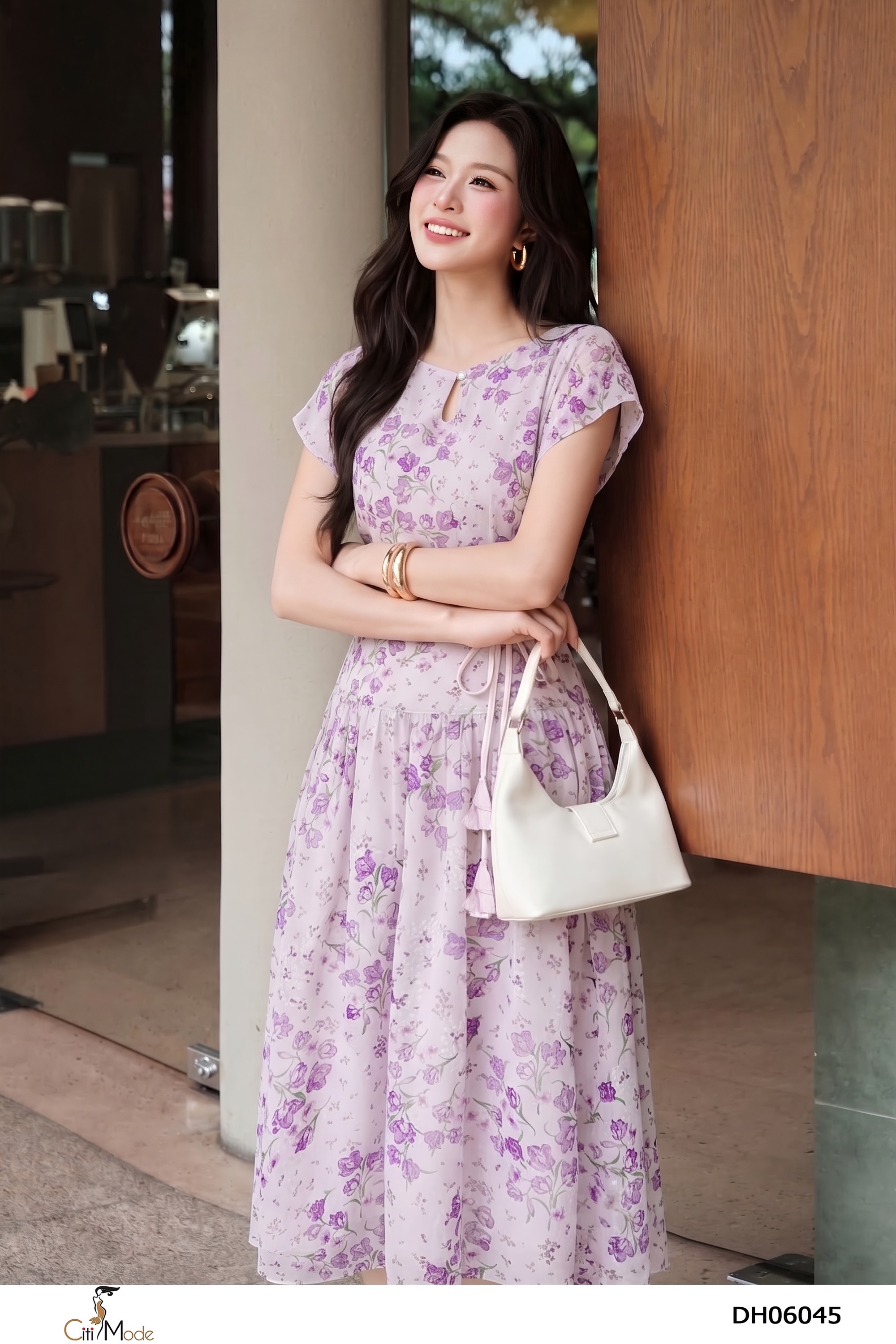 Đầm xòe tím cổ giọt lệ đai thắt eo
