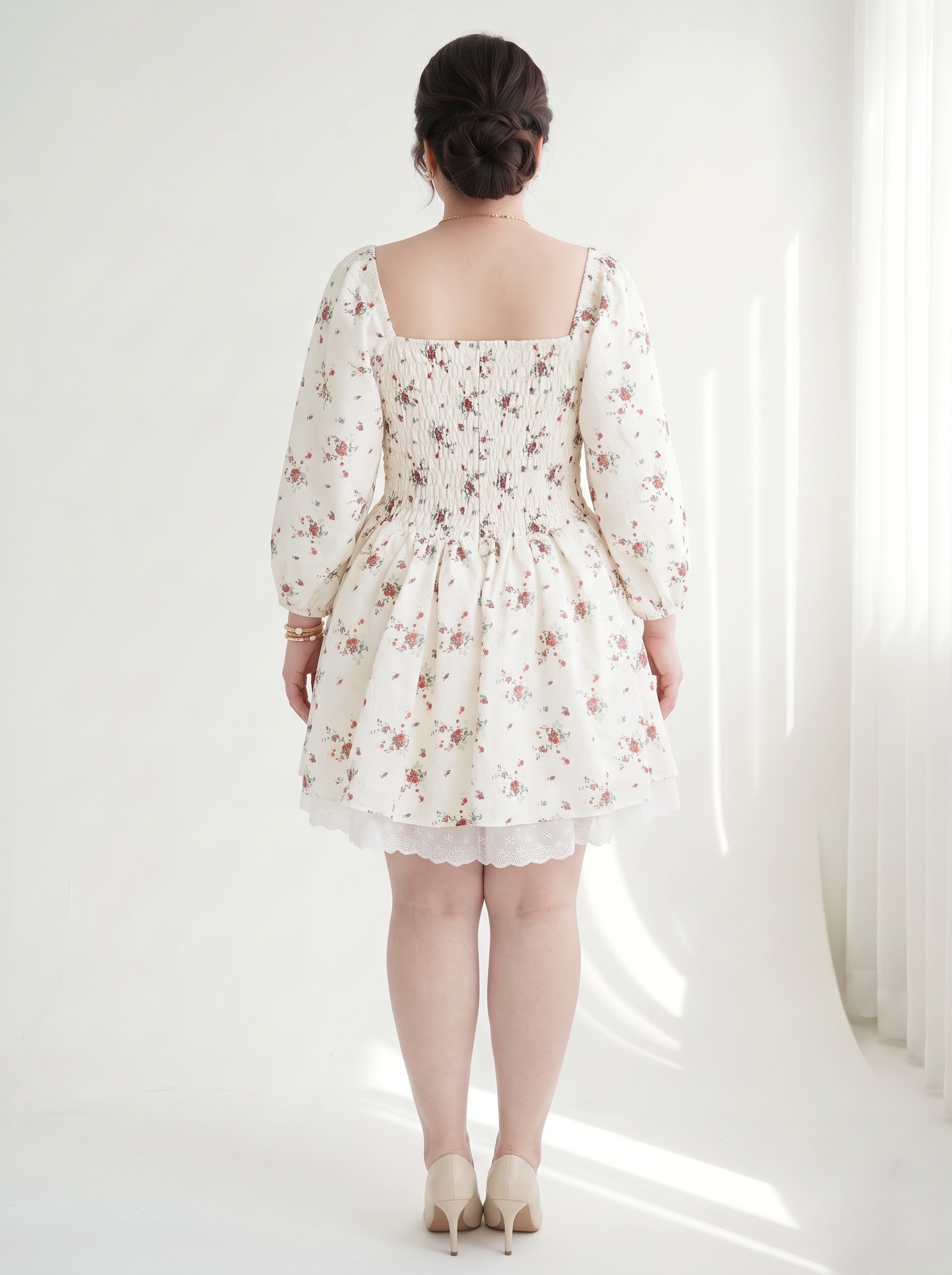 Đầm Hoa Nhí Phối Ren Bigsize Tôn Eo Che Bắp Tay - Trắng - Vừa 55-90kg - V-DA221_thumbnail_3