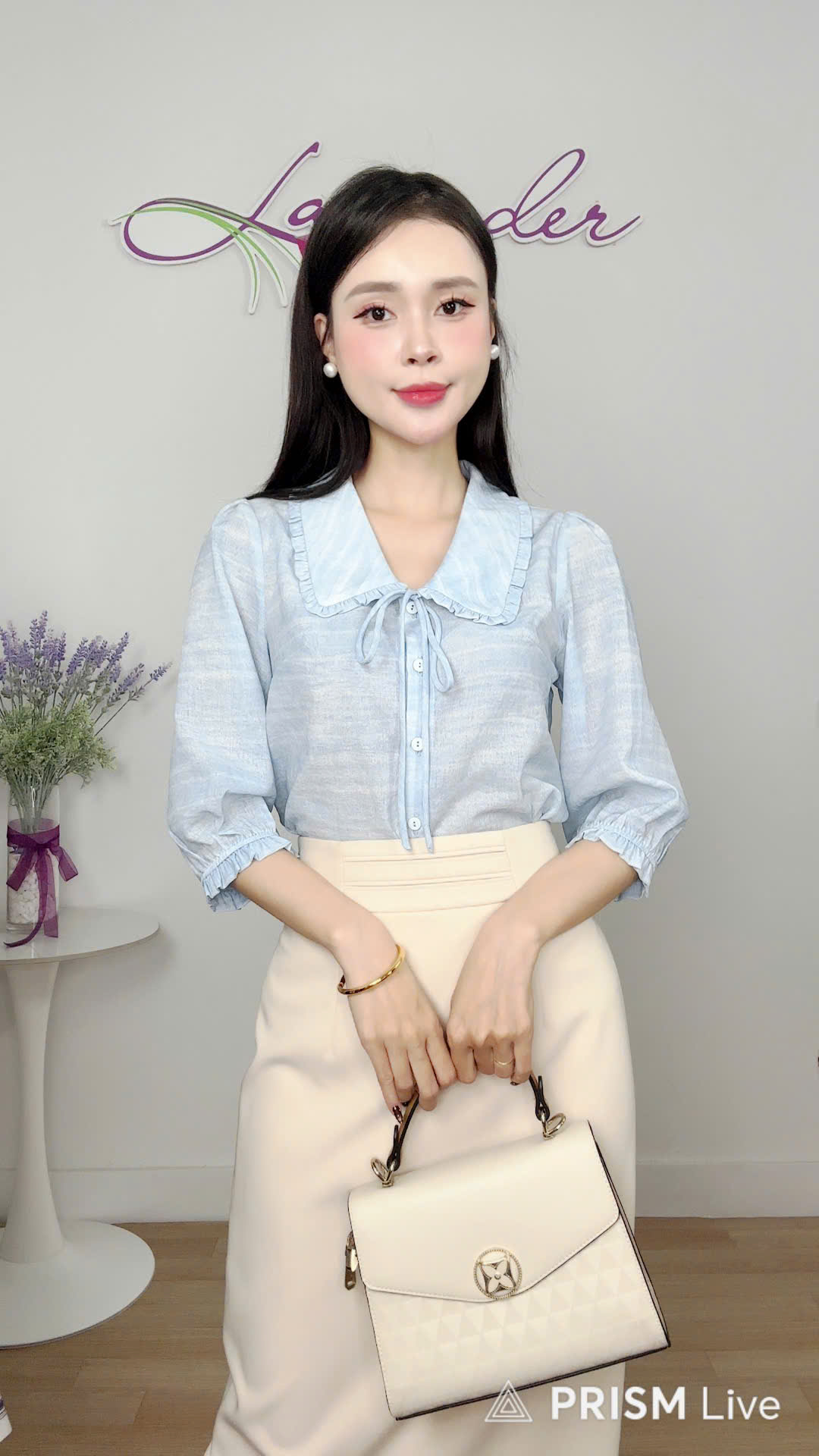 a4284 Sơ mi cổ sen bèo xanh tím
