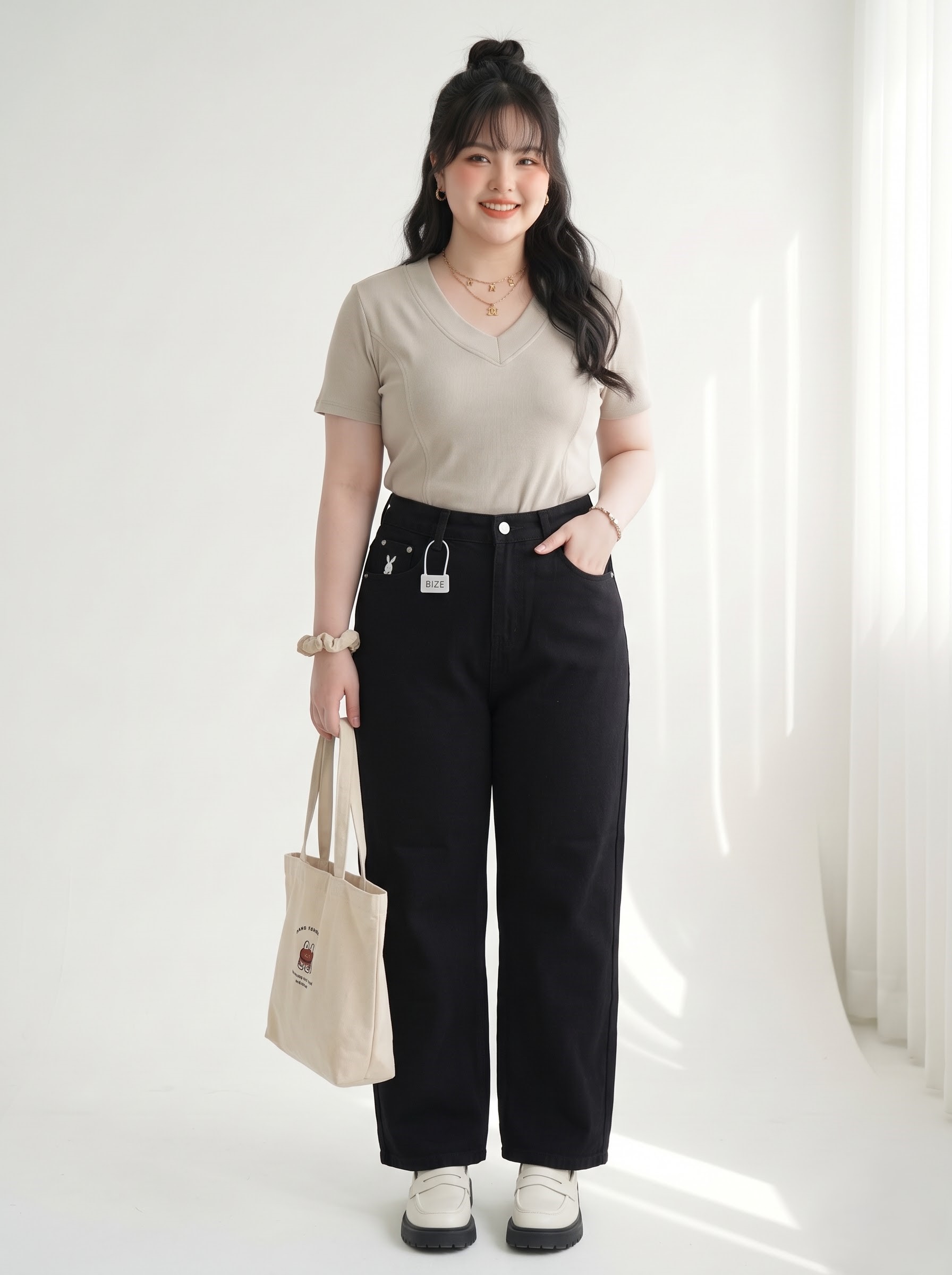 Quần Jean Ống Suông Nấm Thêu Thỏ Bigsize Cạp Cao Không Co Giãn - Be, Đen, Trắng - Vừa 55–90kg - T-QJ5045_thumbnail_3