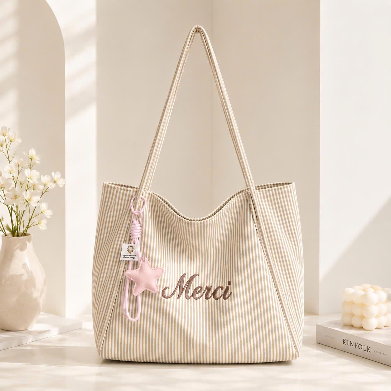 (Tặng Charm Sao) Túi Tote Nữ Vải Nhung Gân Thêu Chữ Merci Dễ Thương Đeo Vai Dáng Rộng CUN425_thumbnail_1