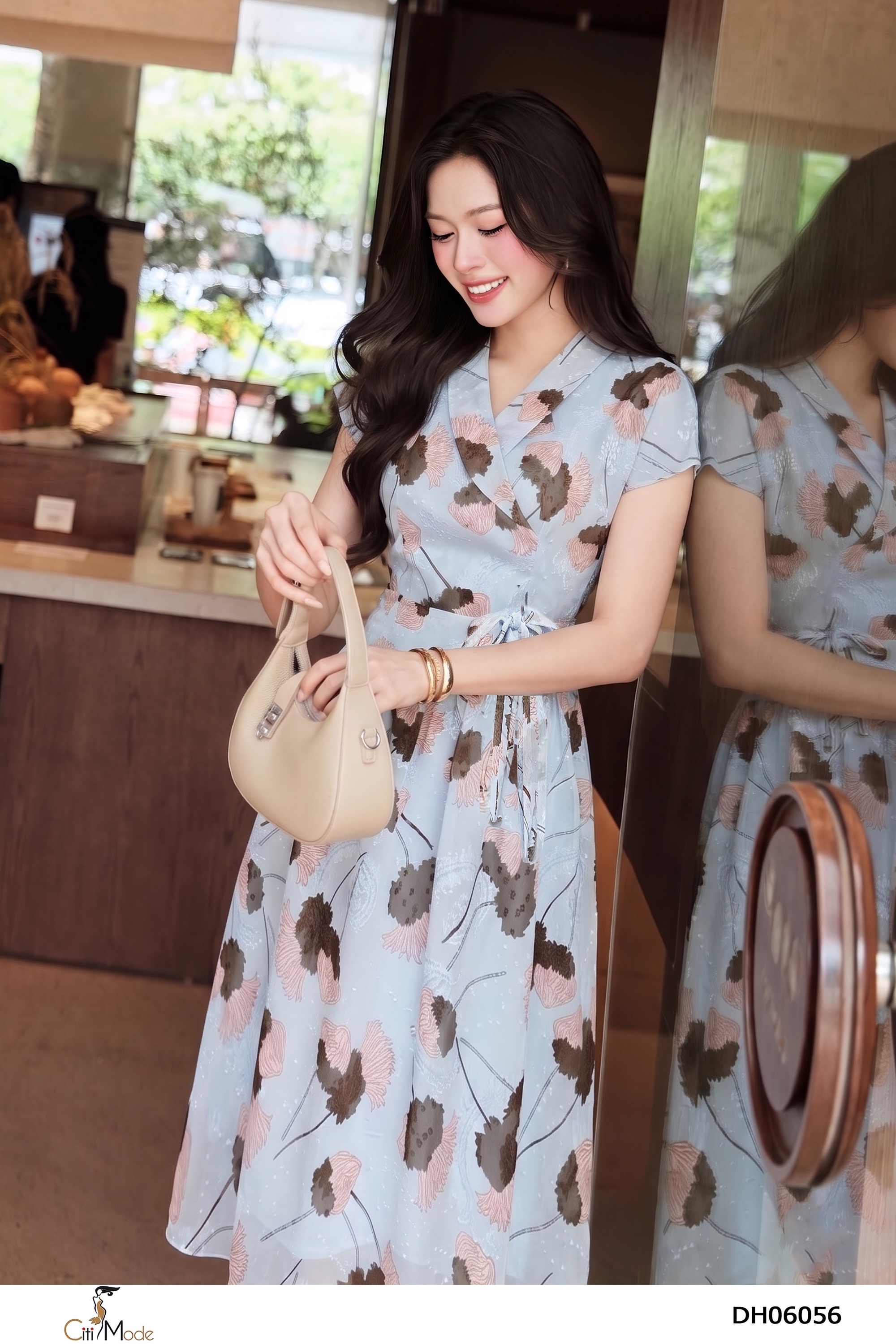 Đầm xòe hoa xanh nổi  cổ san lệch  vai chờm_thumbnail_5