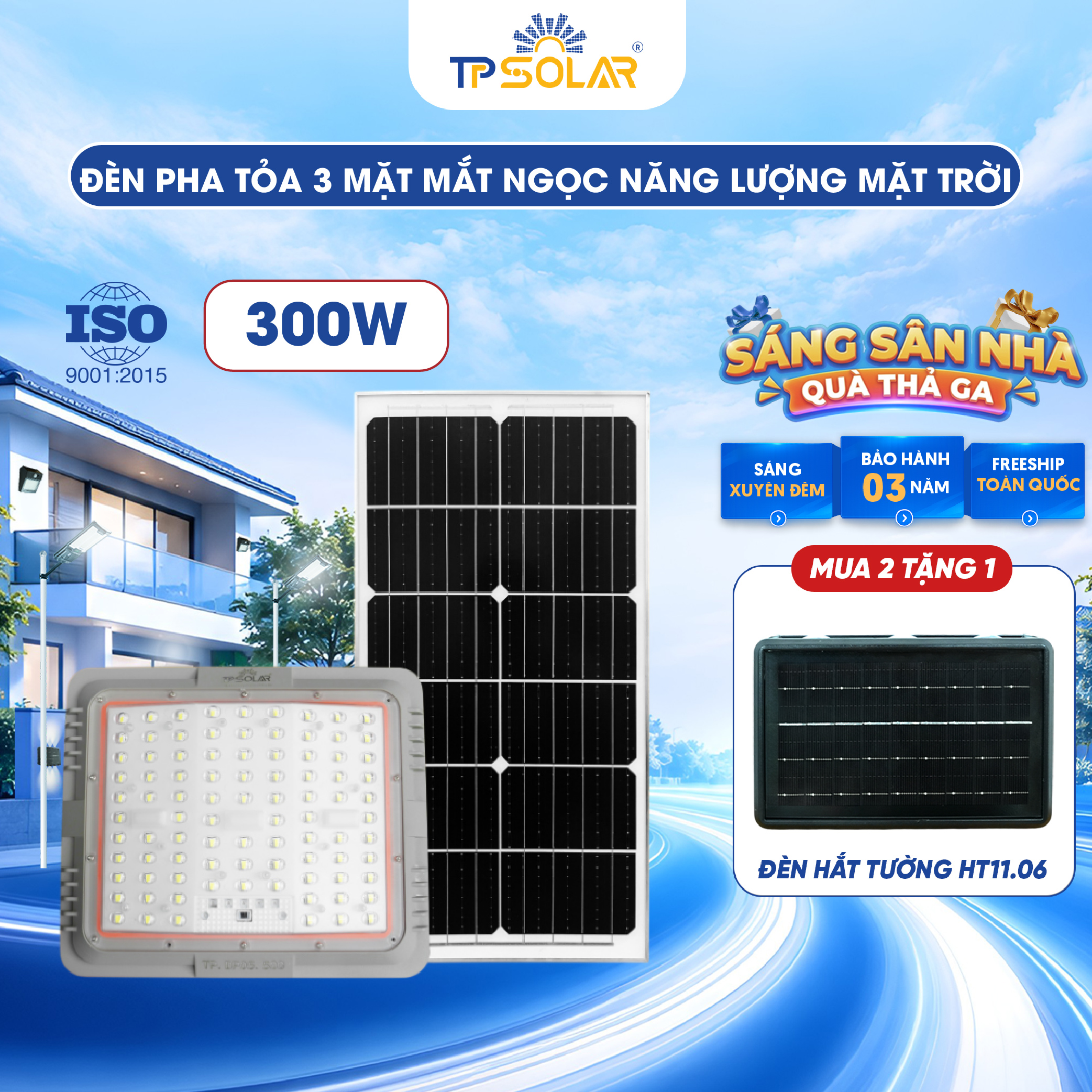 Đèn pha mắt ngọc tỏa 3 mặt năng lượng mặt trời TP SOLAR DP05