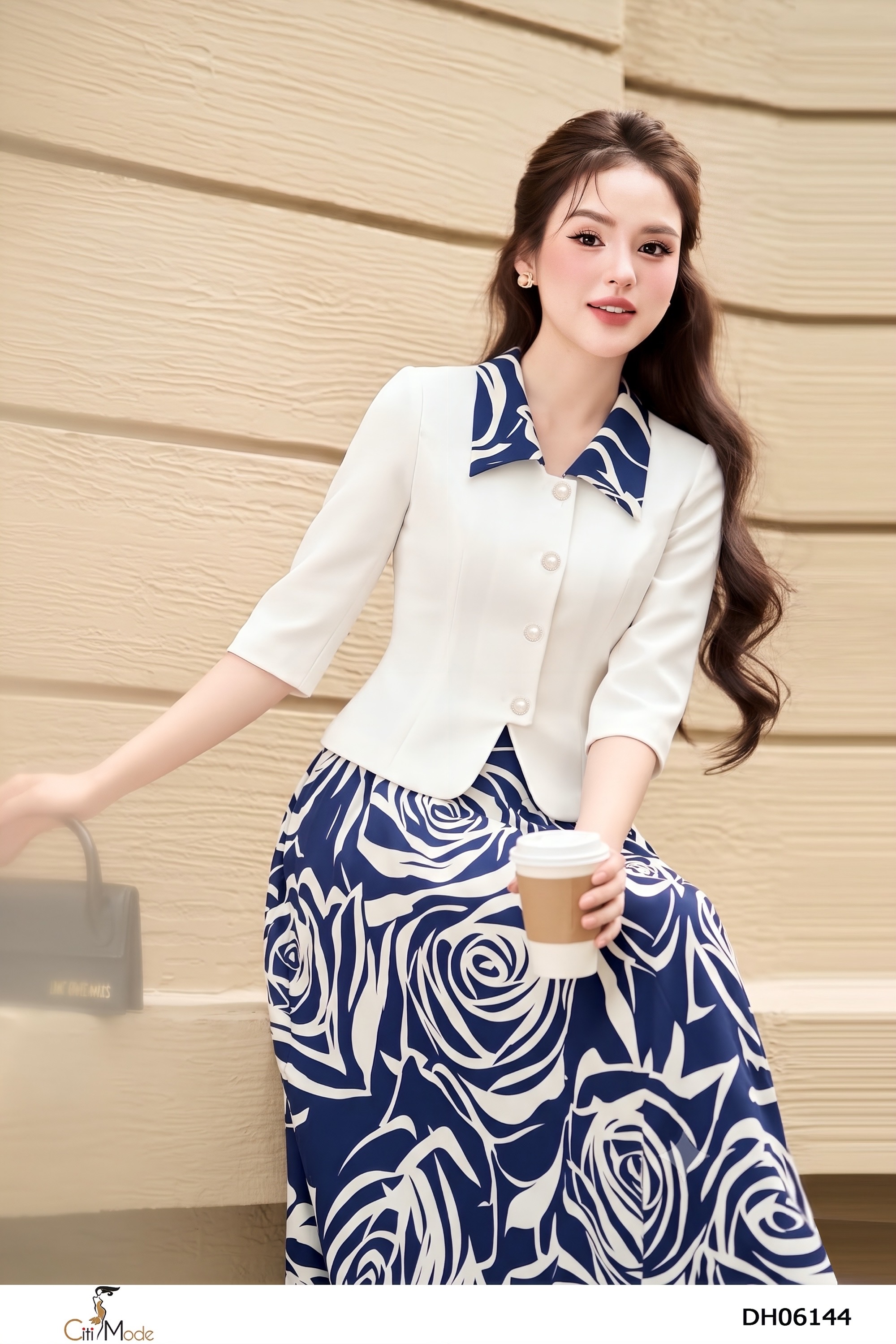 Đầm xòe giả set  hoa xanh phối trắng tay lỡ cách điệu_thumbnail_3