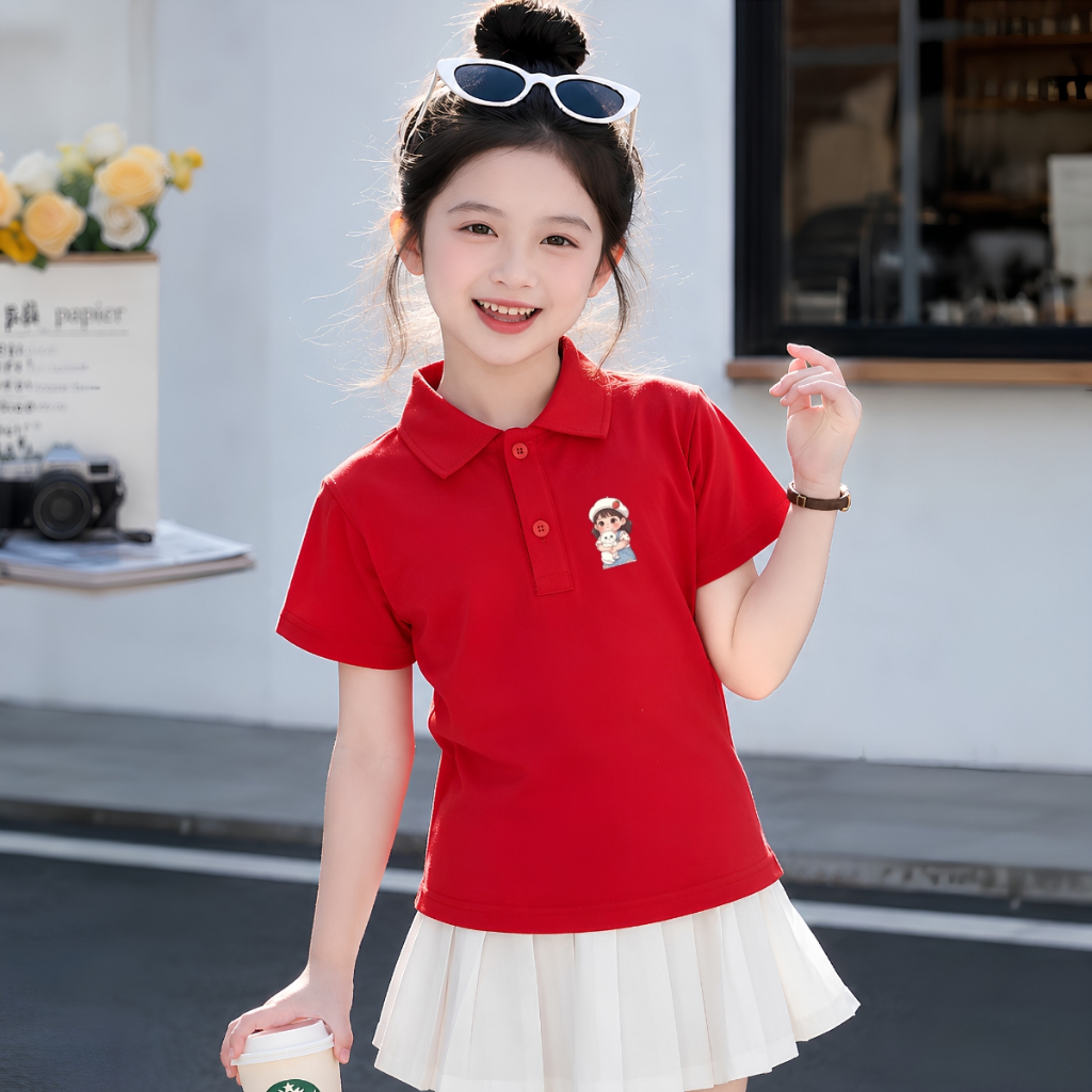 Áo polo bé gái in hình CÔ GÁI ÔM MÈO - Loza Kids PL3647 PL3647