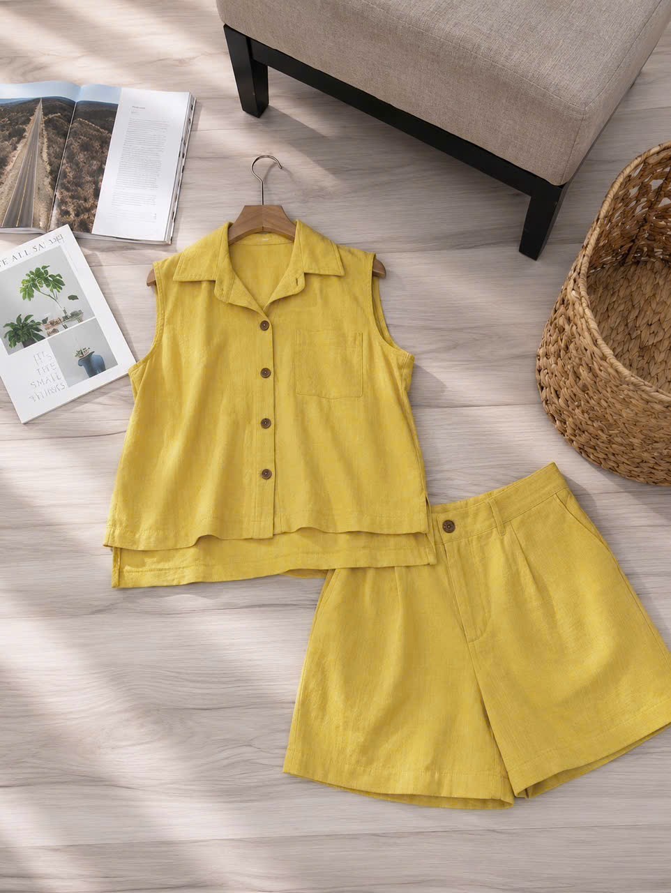 Bộ linen bột đùi áo sơ mi sát nách 2 túi lệch tà_thumbnail_3