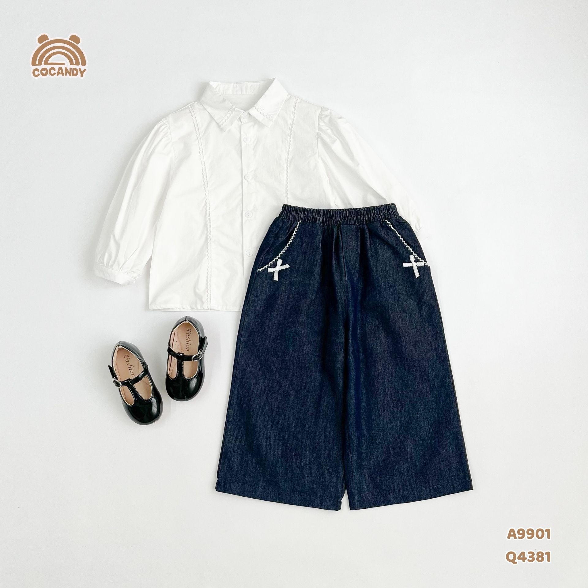 Quần dài XANH denim phối 2 nơ viền túi