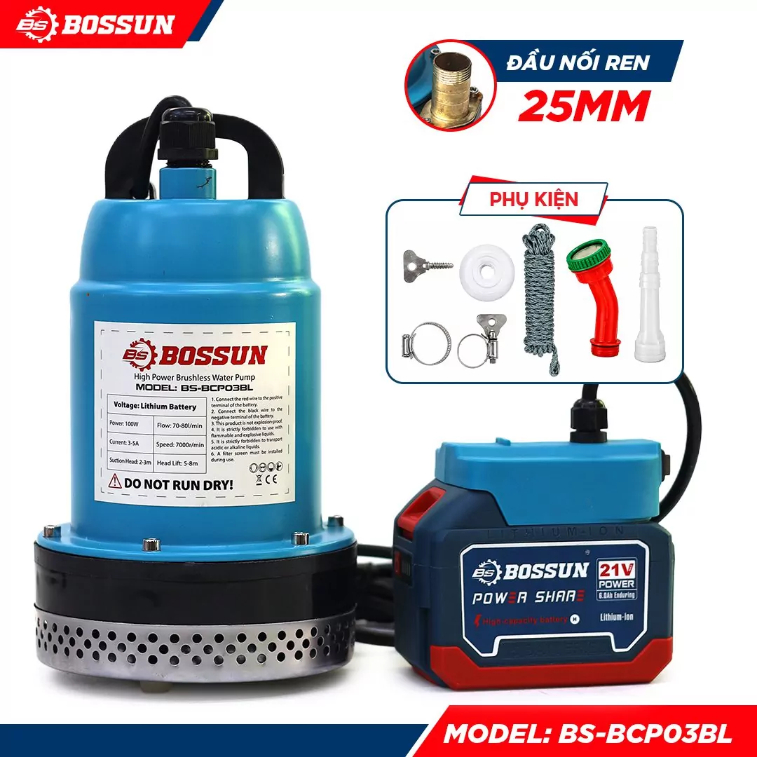 Máy Bơm Chìm dùng Pin Bossun BS-BCP03BL- máy bơm tõm. máy bơm chìm chạy chân pin phổ thông M21