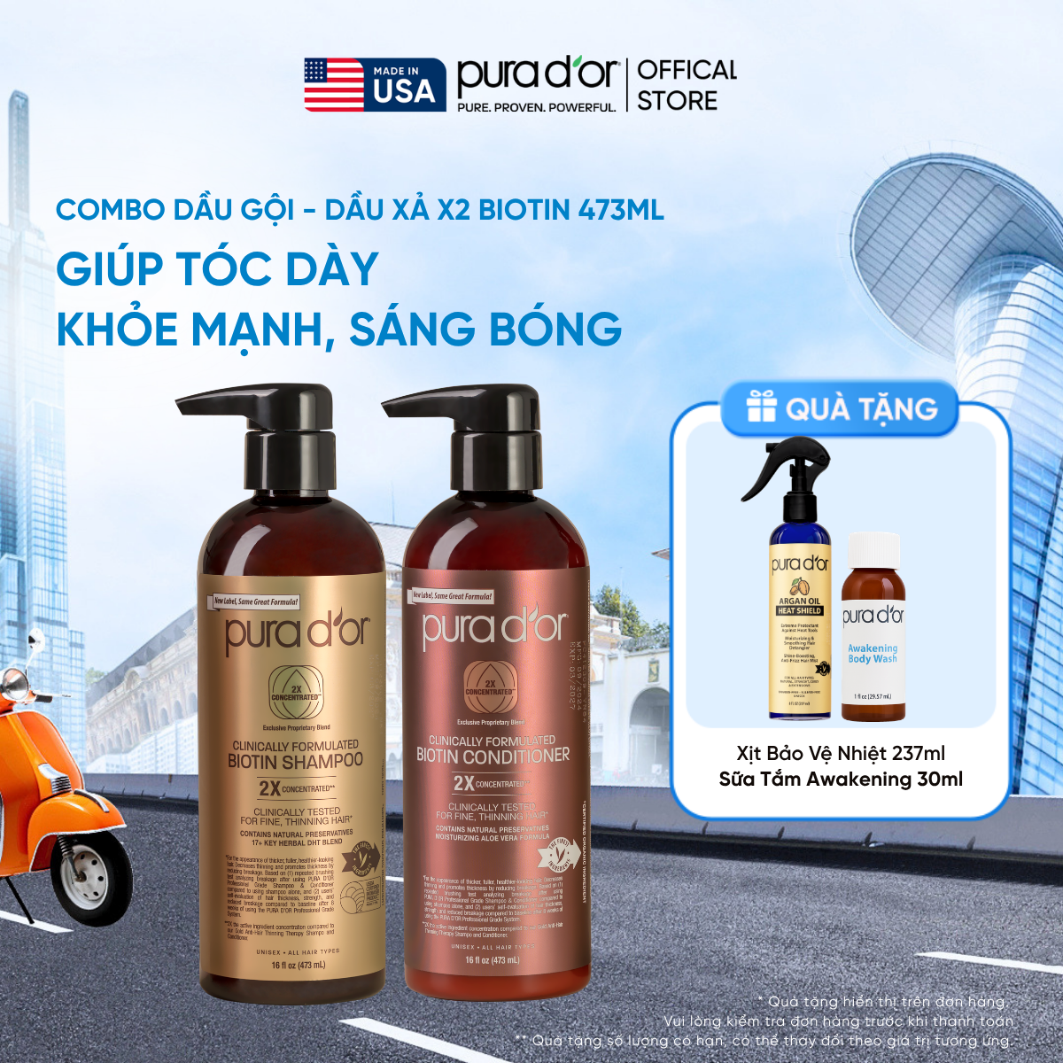 Combo Gội - Xả Pura D'or Biotin X2 Concentrated Giúp Tóc Dày, Khỏe Mạnh và Sáng Bóng Hơn 473ml