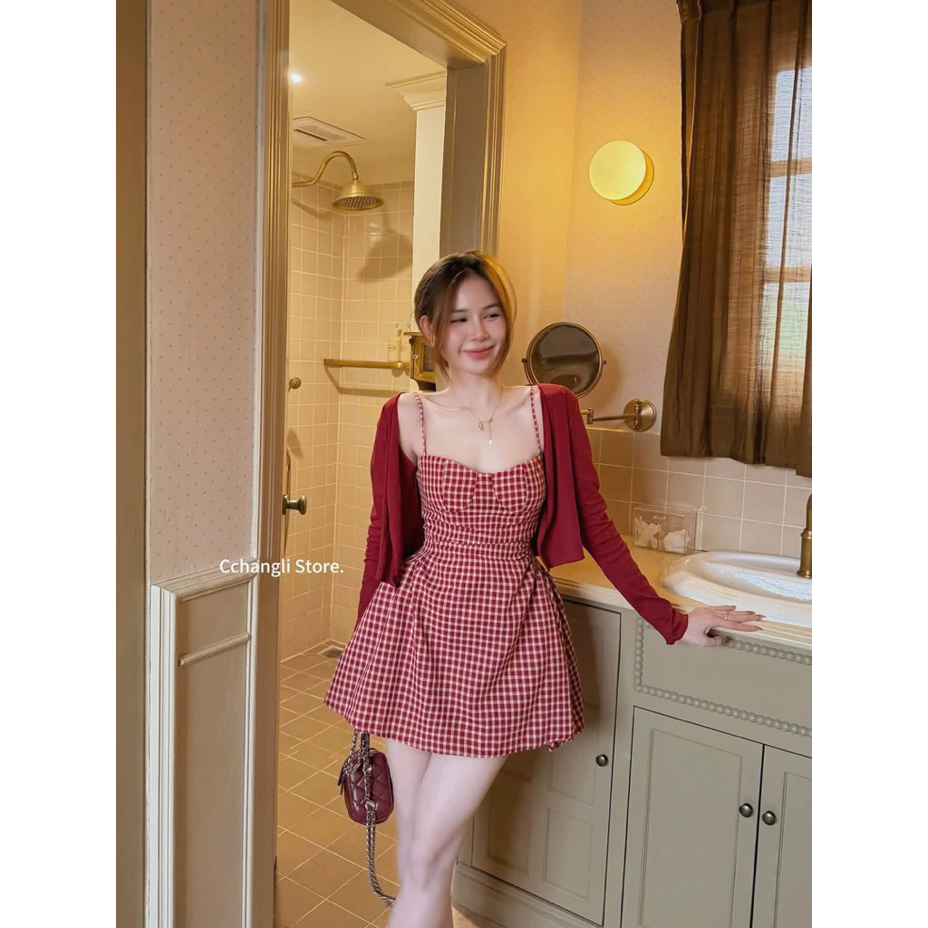 Lucas - Set váy caro 2 dây may ôm ngực chân xòe dáng ngắn + áo cardigan thun_thumbnail_5