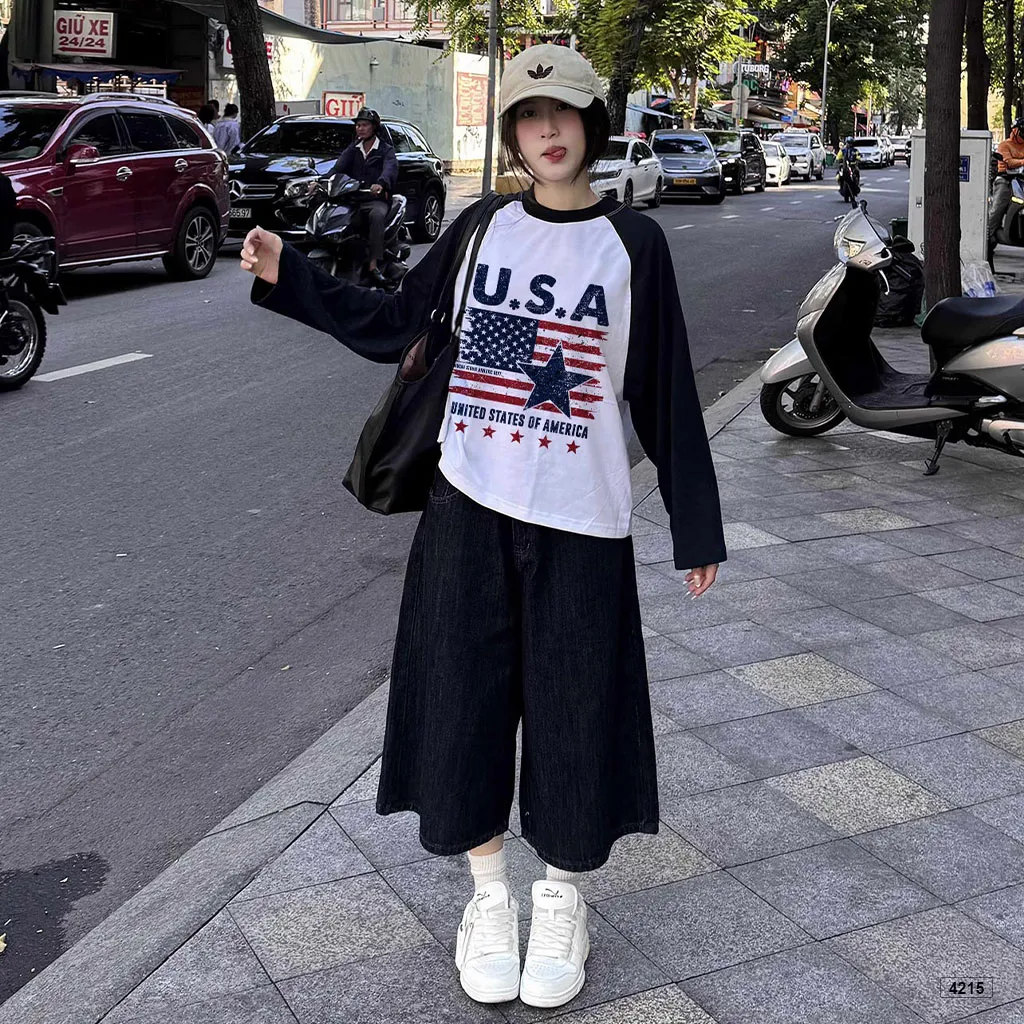 Áo thun boxy tay dài phối raglan chất đường phố Miucho 4215_thumbnail_4