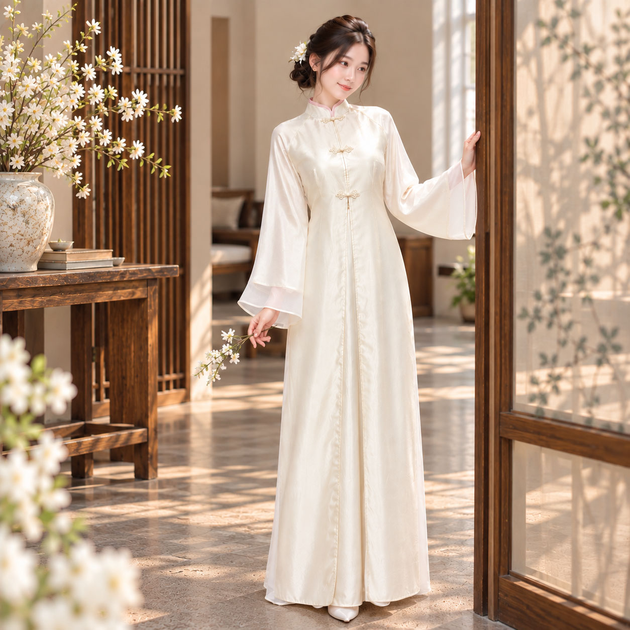 Áo Dài Cách Tân Nữ Cổ Đứng Dáng Suông Tay Loe Kèm Choàng Nhật Bình Voan Tơ Lụa - CT27-04_thumbnail_3