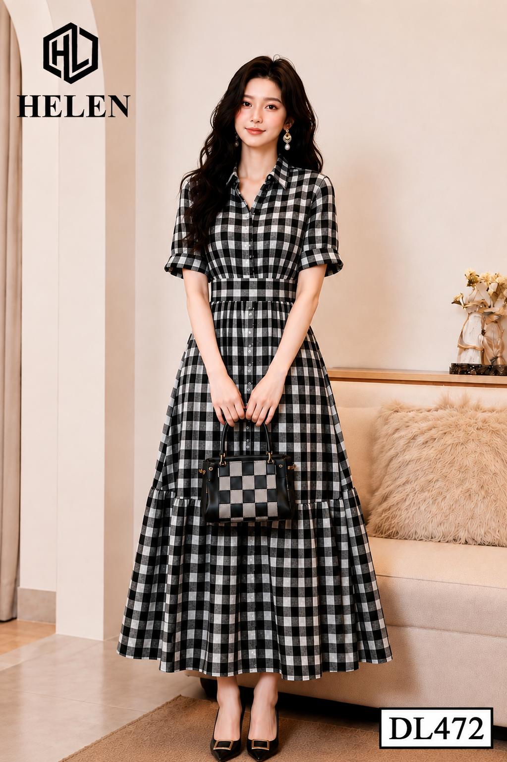 Đầm xòe kẻ ô đen trắng cổ đức DL472_thumbnail_3