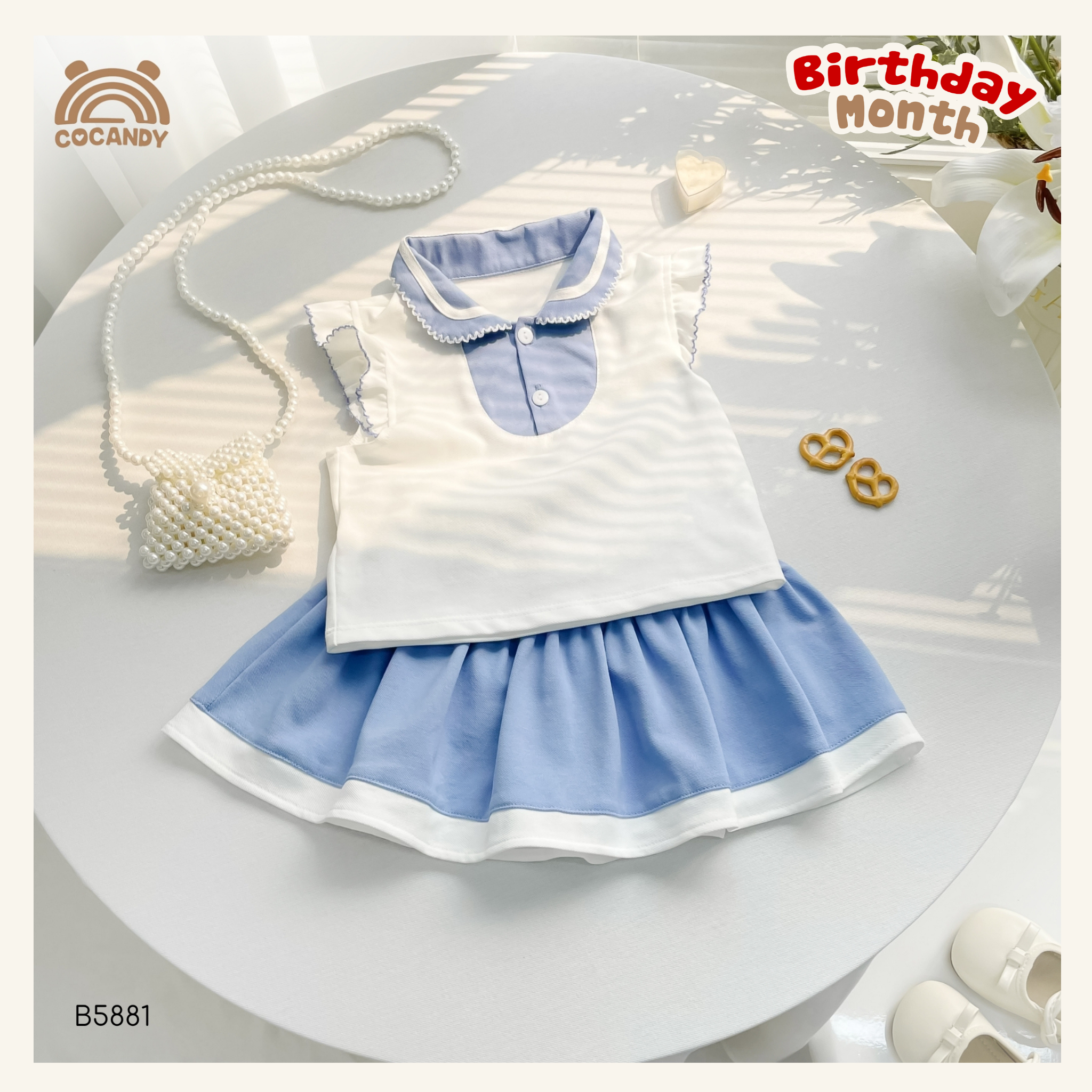Bộ sát nách TRẮNG phối chân váy xanh dương tay bèo_thumbnail_0