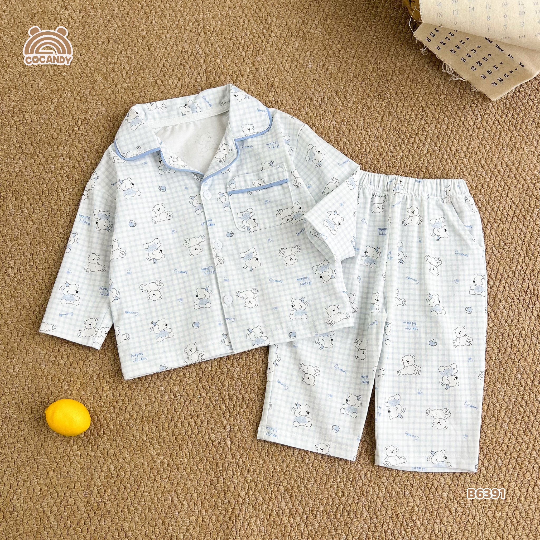 Bộ dài pijama XANH caro hình gấu