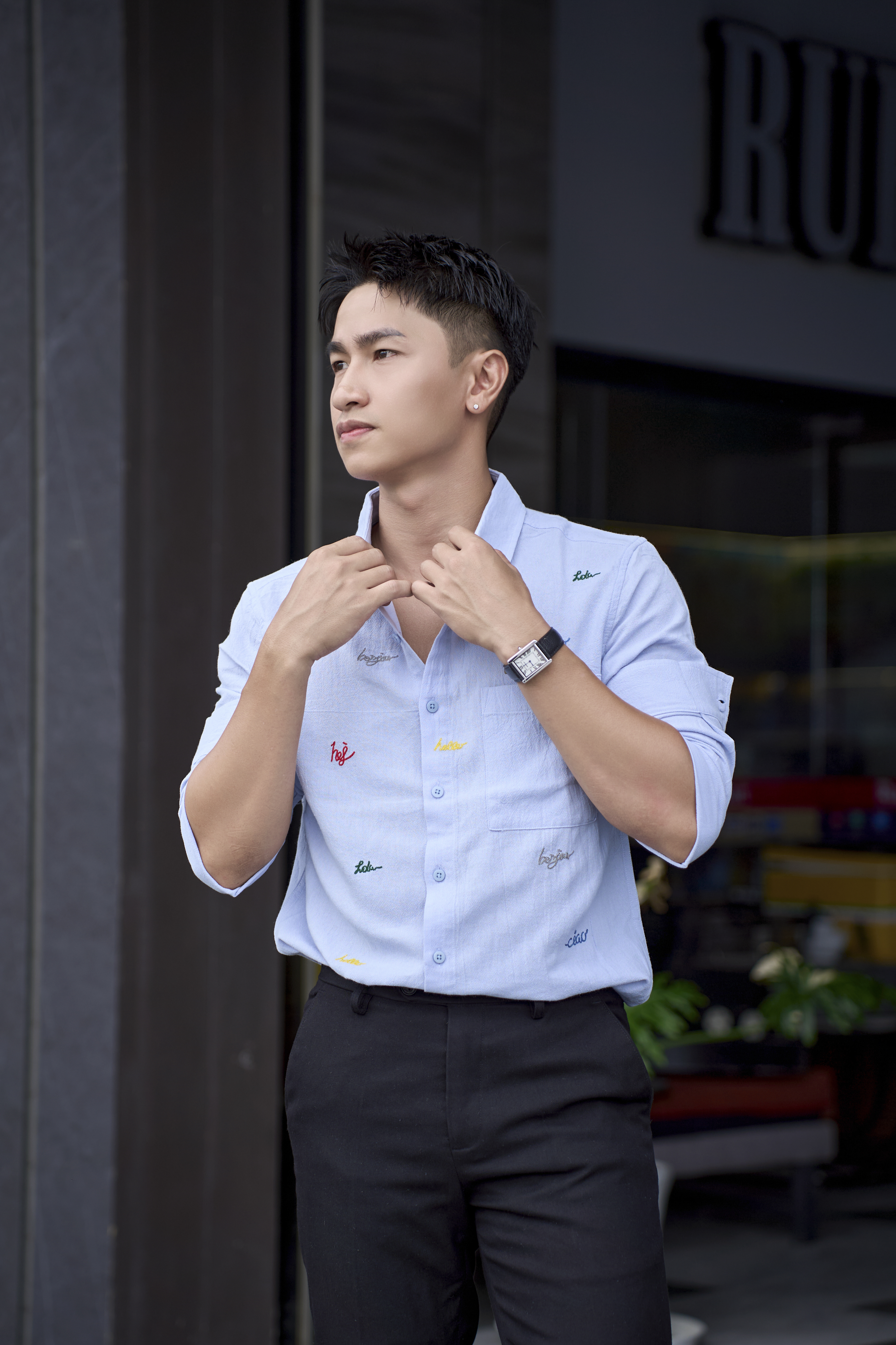 SA127 - Áo sơ mi nam dài tay cotton 100% phong cách Nhật Bản, form rộng, thêu chữ nghệ thuật, màu Trắng/Xanh Dương_thumbnail_11