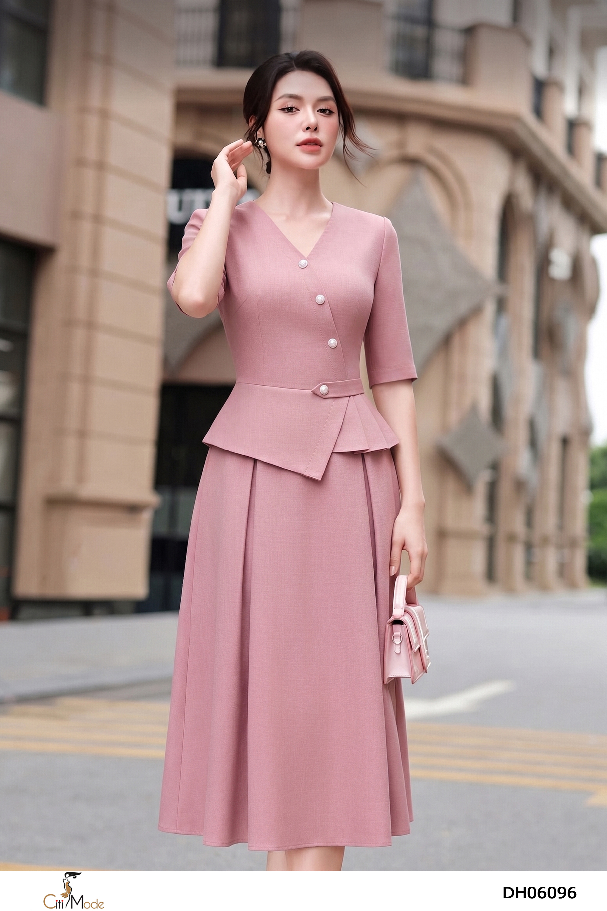 Đầm xòe  peplum hồng cổ V tay lỡ_thumbnail_2