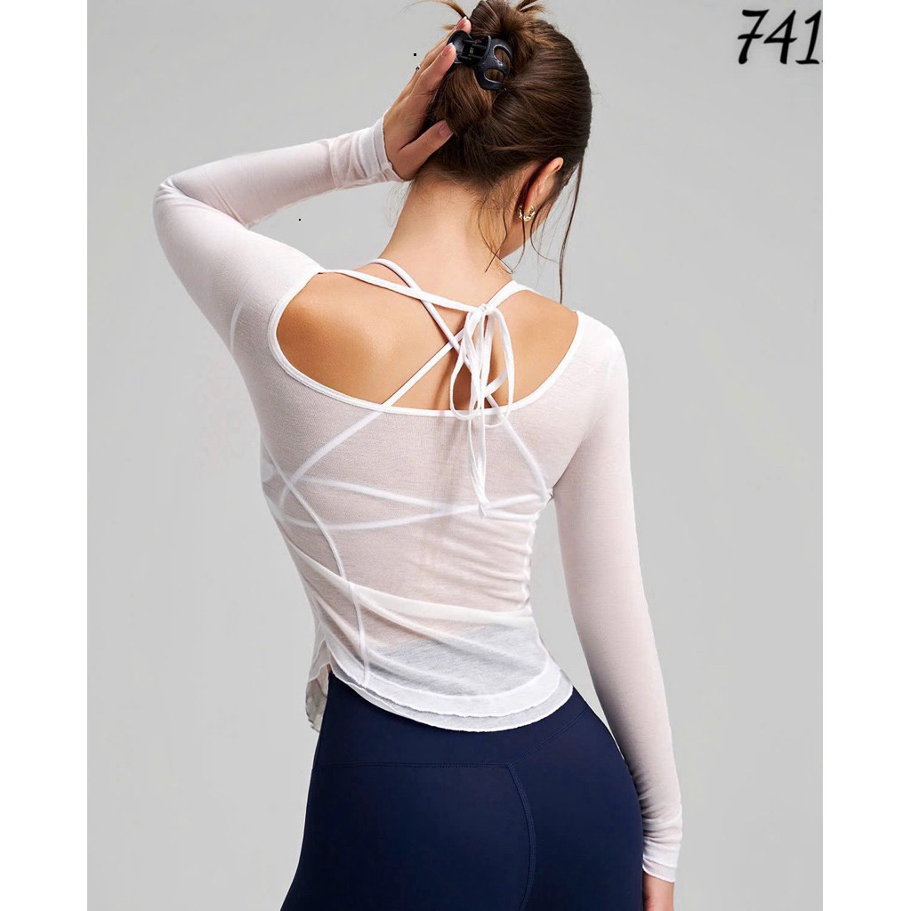 Áo Tanktop Thể Thao Nữ Tay Dài Lưng Dây Form Ôm Vải Lưới Giấy Thoáng Khí Nhanh Khô_thumbnail_0