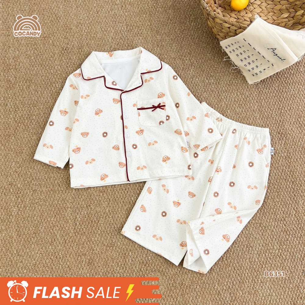 Bộ dài pijama TRẮNG gấu nâu viền đỏ