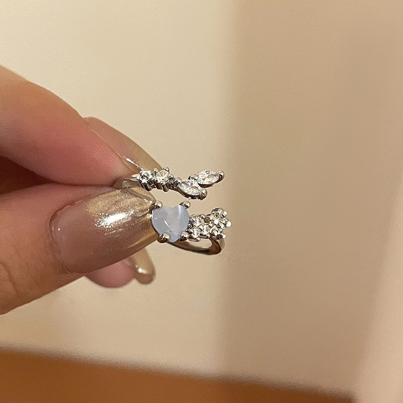 Nhẫn hở hình trái tim đính đá Aquamarine và Moonstone Zirconia dành cho nữ, thiết kế sang trọng và độc đáo cho ngón trỏ, có thể điều chỉnh kích cỡ