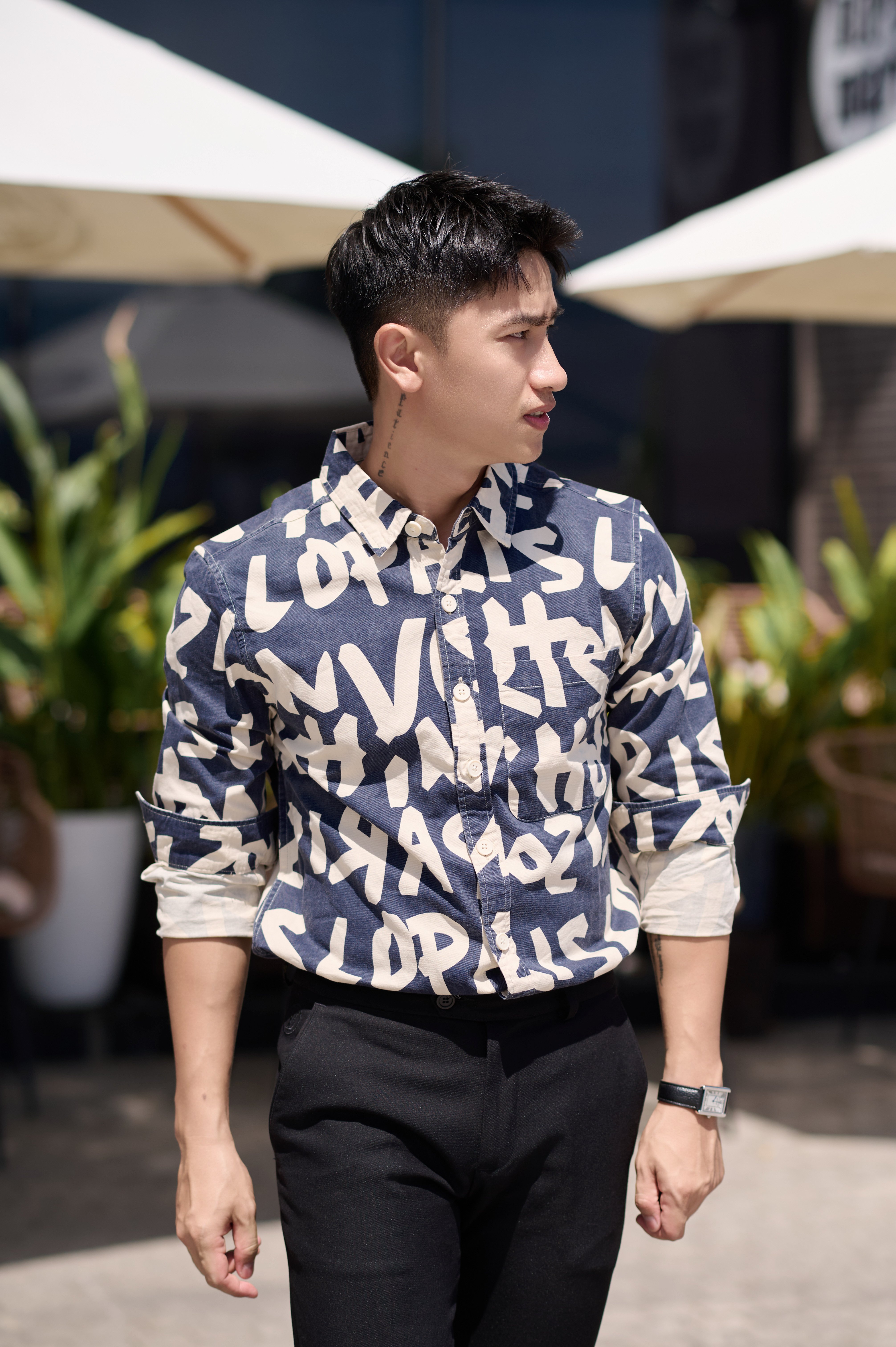 SA93 - Áo Sơ Mi Nam Tay Dài Phong Cách Nhật Bản In Chữ Đa Năng, Chất Cotton 100%, Màu Nâu & Xanh Dương_thumbnail_2