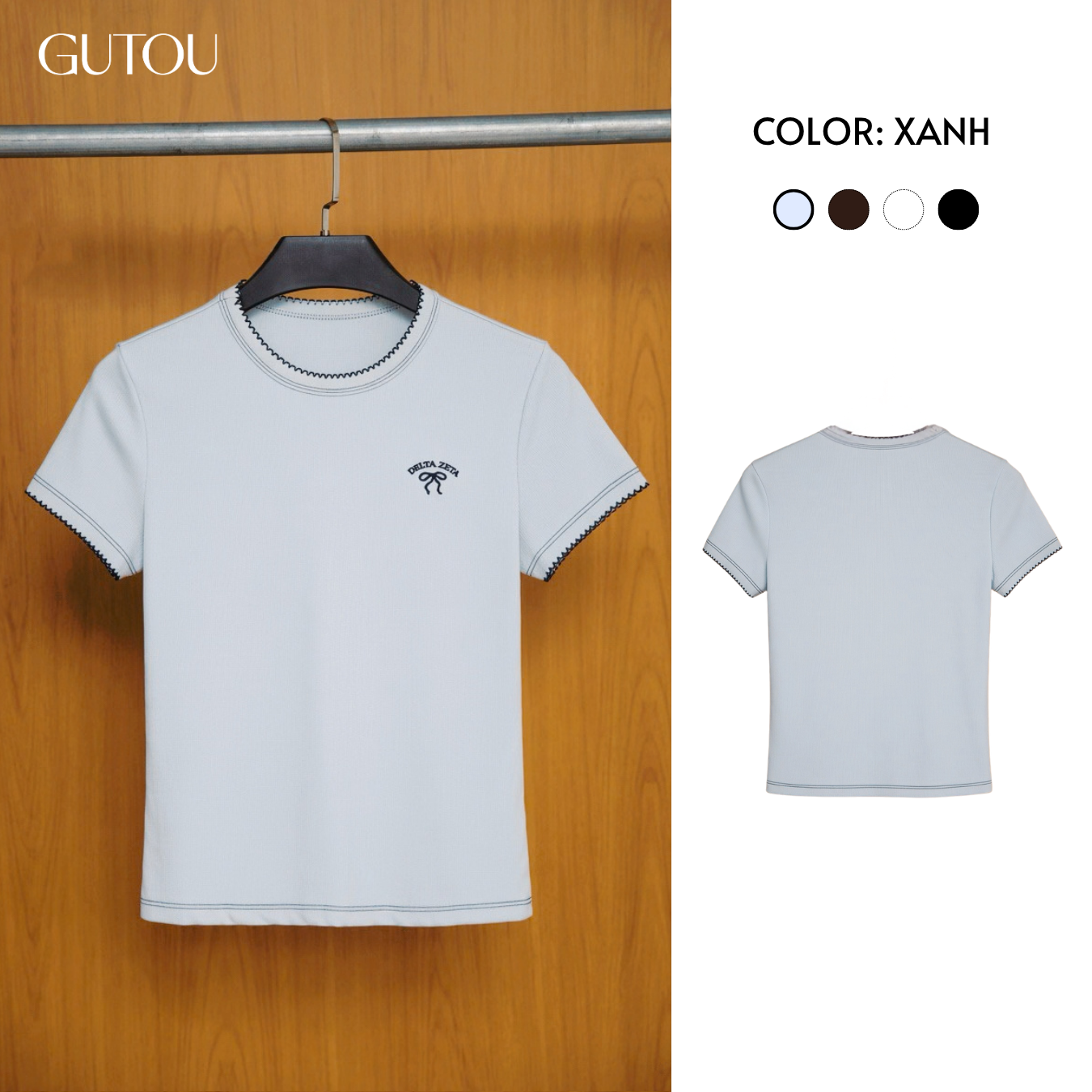 [ GUTOU ] Áo Thun Nữ Tay Ngắn Ôm Dáng Viền Chỉ Phối Màu Basic_thumbnail_4