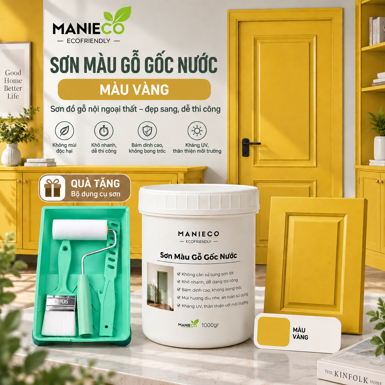 Màu Vàng - Sơn Gỗ Gốc Nước Đổi Màu Manieco 1KG - Nội Ngoại Thất, Che Phủ Hoàn Toàn, Không Mùi