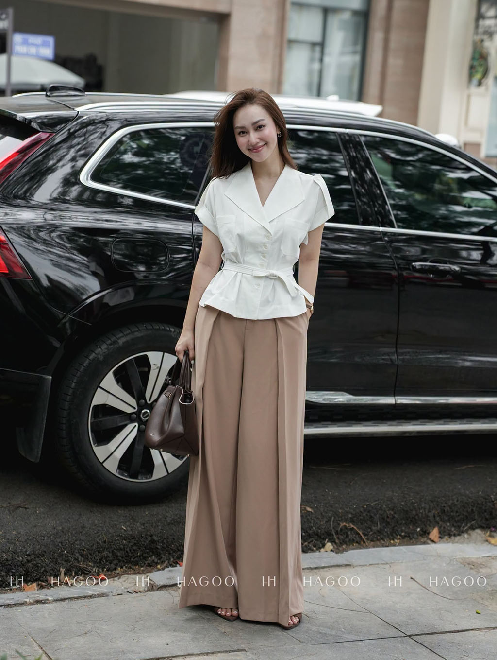 Sơ mi Kaki tay liền cổ cánh nhạn, đai eo HAGOO