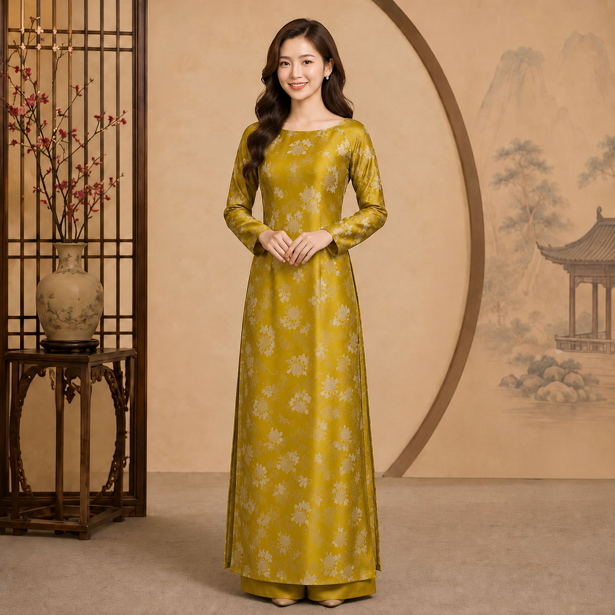 Áo Dài Truyền Thống Nữ Cổ Truyền Gấm Tơ Cao Cấp Sang Trọng TT26-02
