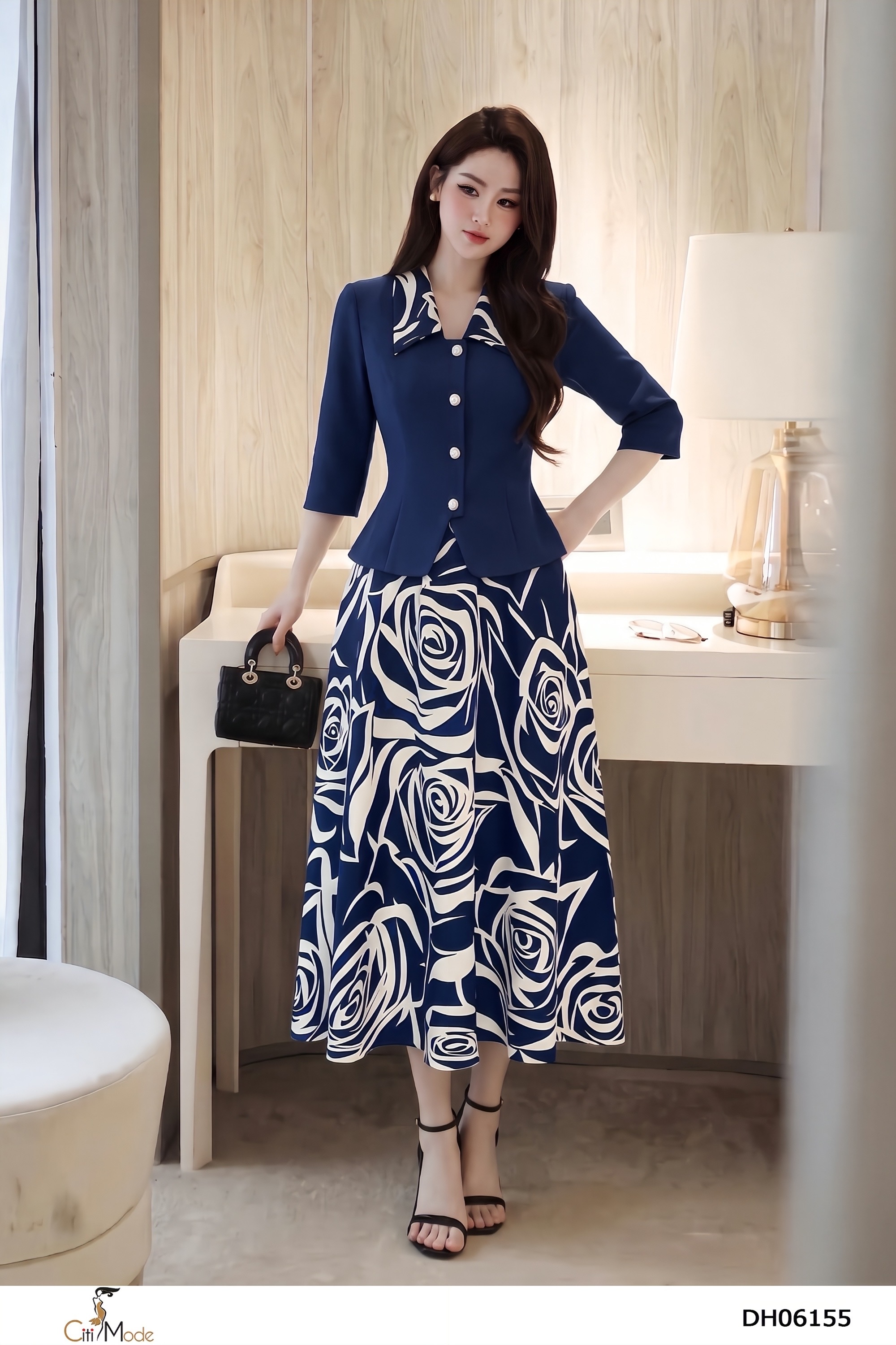 Đầm xòe giả set  xanh đen phối trắng tay lỡ cách điệu