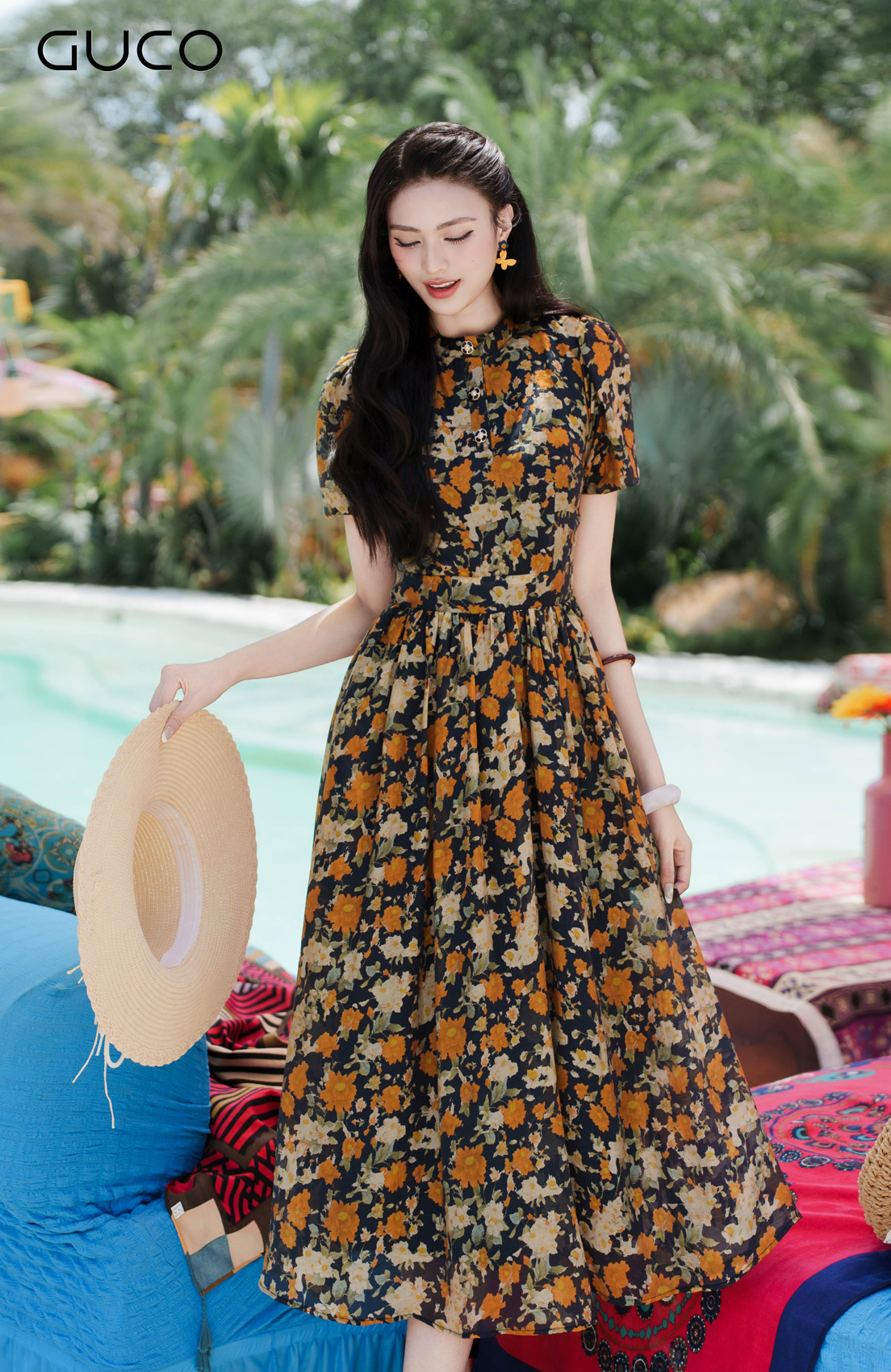 GUCO Đầm Midi Cổ Trụ Hoa Nhí Nền Đen - 5150_thumbnail_1