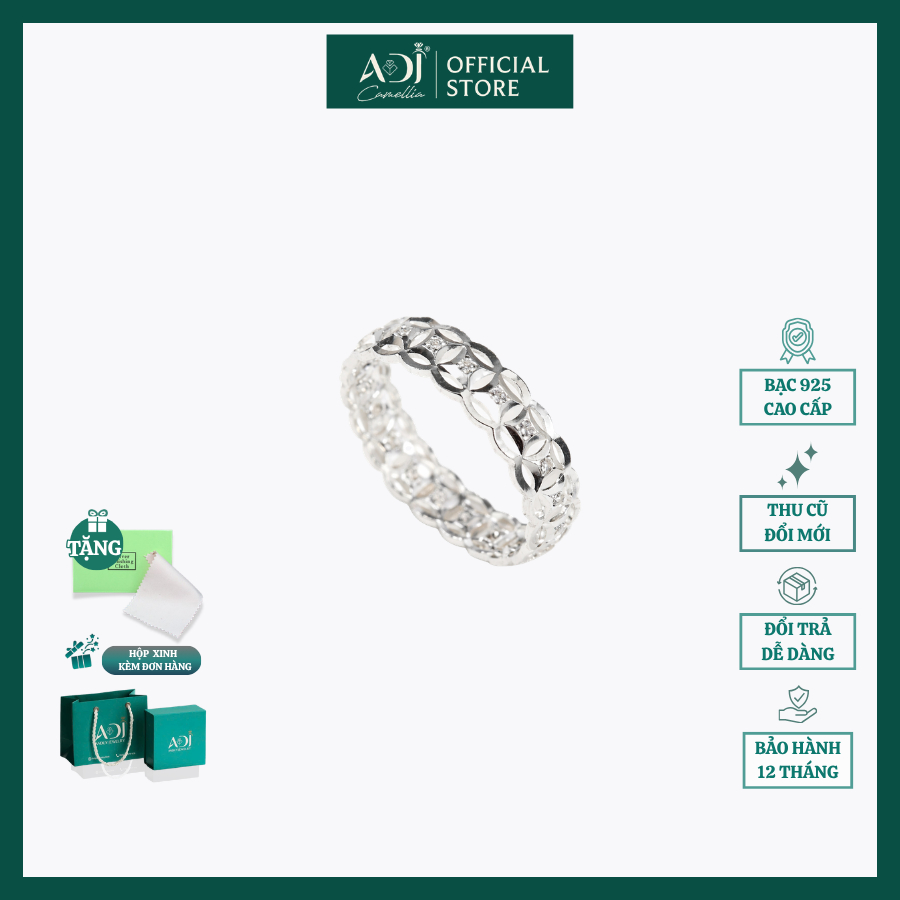 Nhẫn Bạc ADJ 925 Kim Tiền Tài Lộc,  Thiết Kế Nạm Đá CZ Cao Cấp, Mang Lại May Mắn Và Thịnh Vượng - SN13724AD