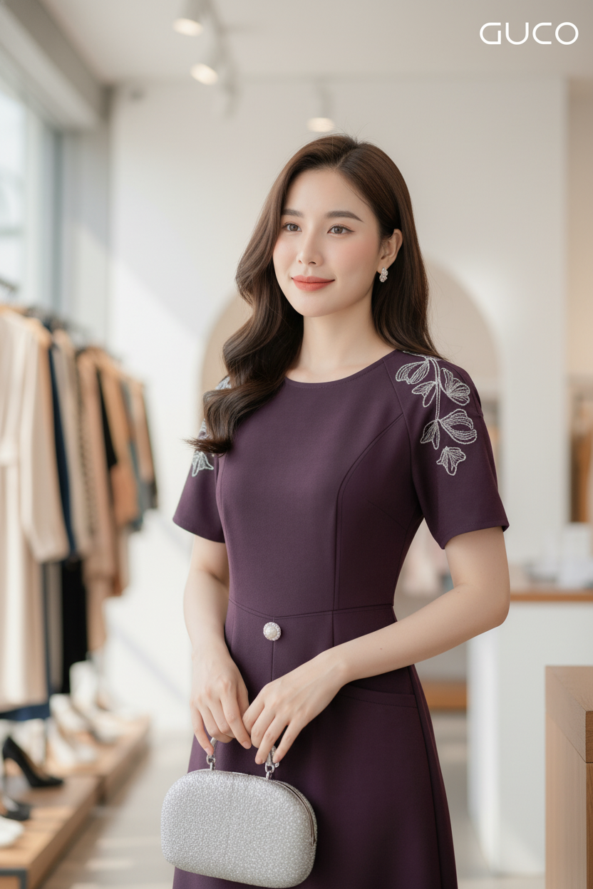 GUCO Đầm Suông Tím Thêu Vai Nhẹ Nhàng_thumbnail_2