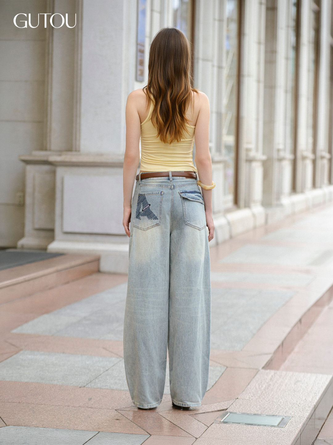 [ GUTOU ] Quần Jean Baggy Wash Bạc Rách Gối Phối Túi Sau Chữ V Street Style_thumbnail_2