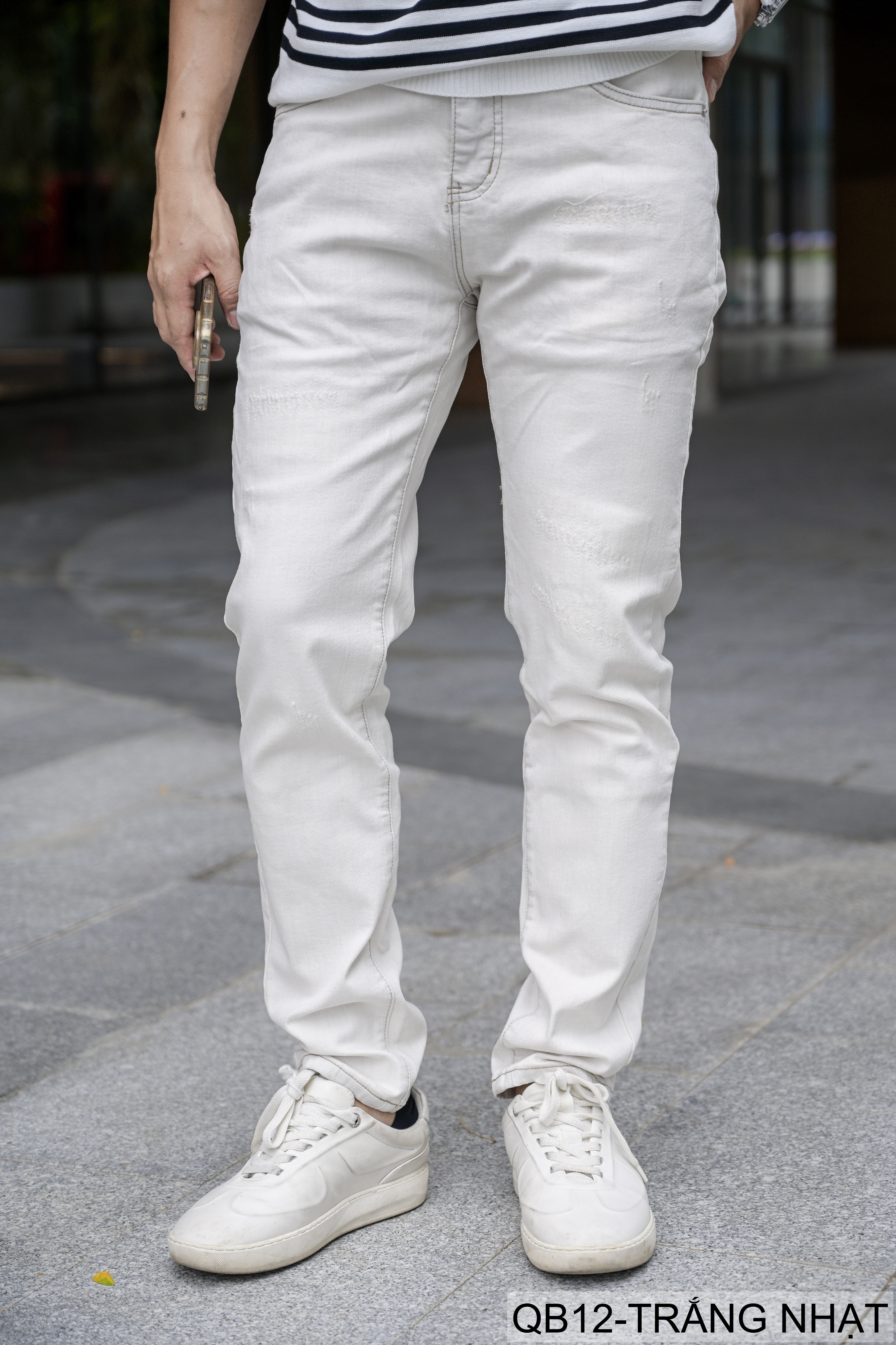 QB12 - Quần Jeans Nam Dáng Ôm Màu Trắng Nhạt Phong Cách Casual Co Giãn Thoải Mái