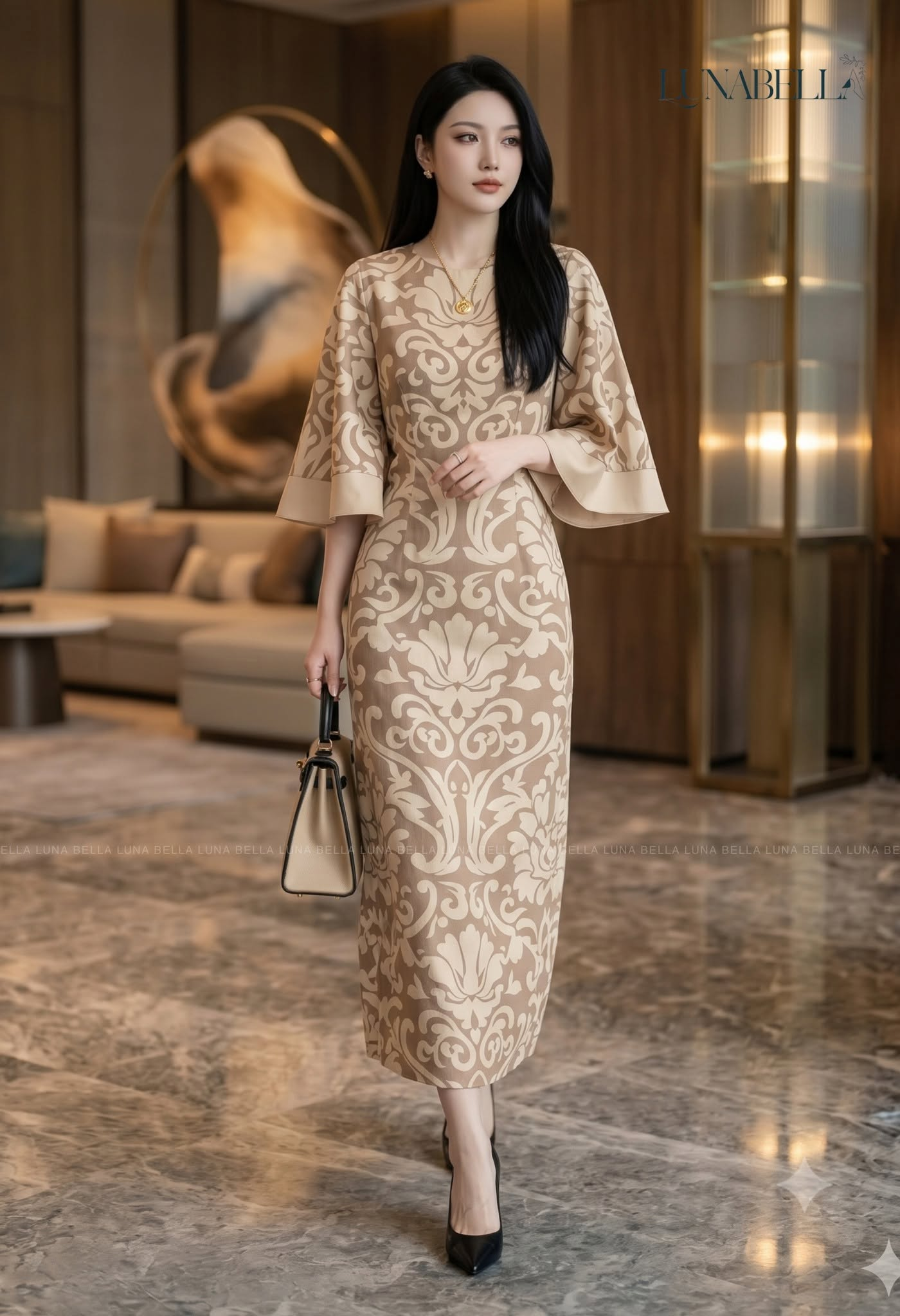 Váy dài hoạ tiết gấm RIVEN màu BE_thumbnail_1