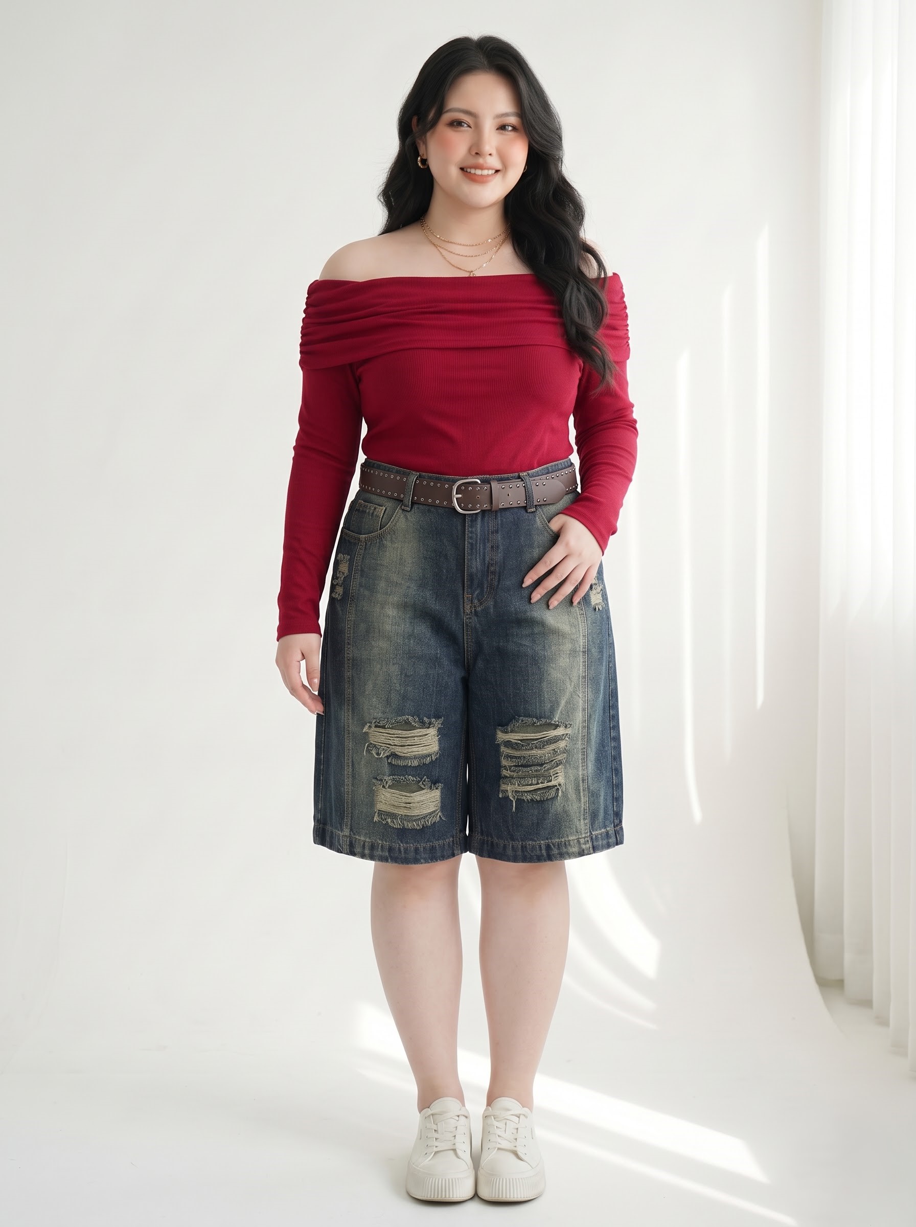 Quần Jean Lửng Lưng Thun Dáng A Rộng Bigsize Phối Viền Rách - Xanh Nhạt, Xanh Đậm - Vừa 55-90kg - T-QSJ82