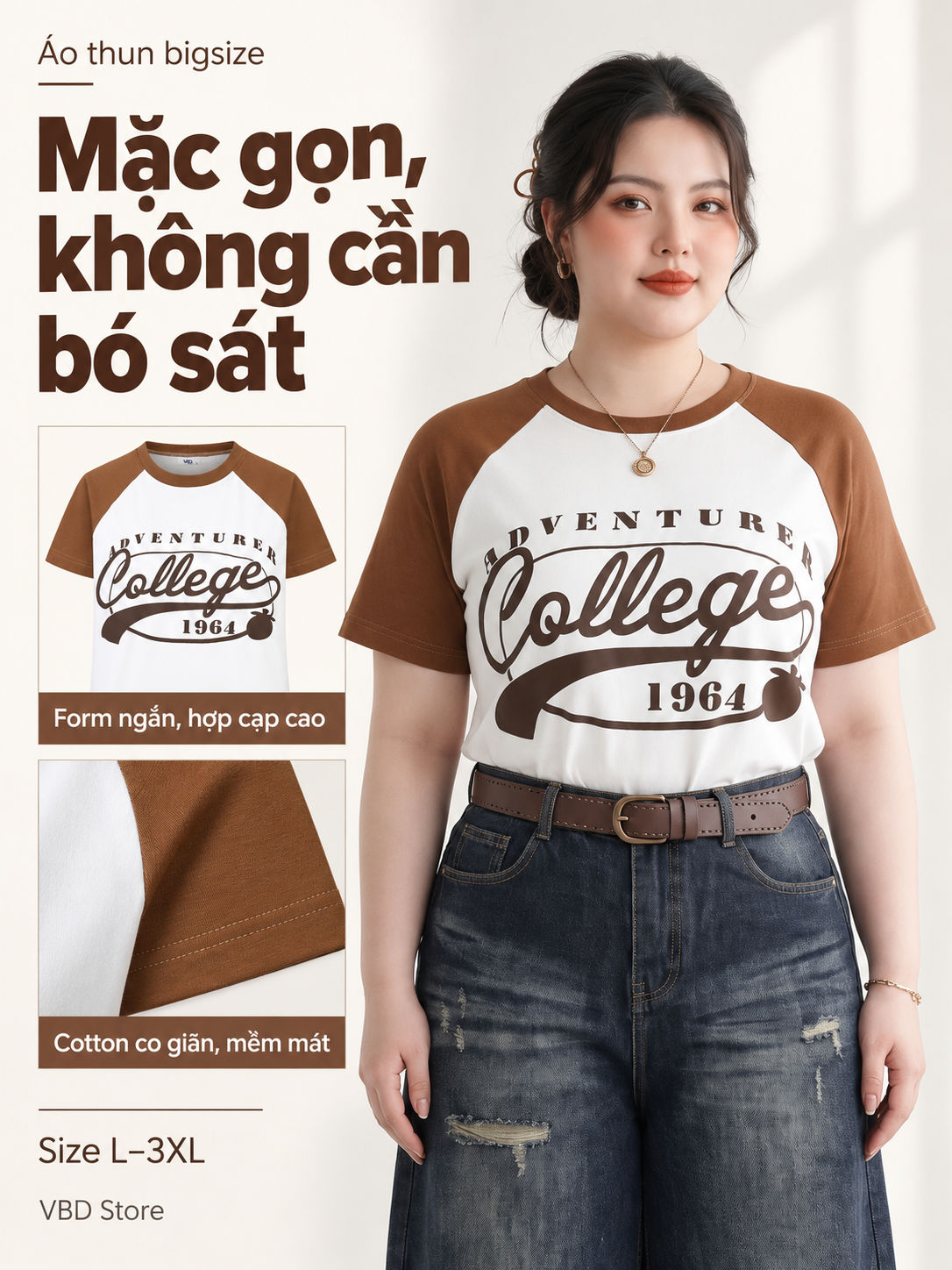 Minh họa áo raglan V-AK120 phối quần cạp cao, kèm hình tổng thể áo và cận chất vải