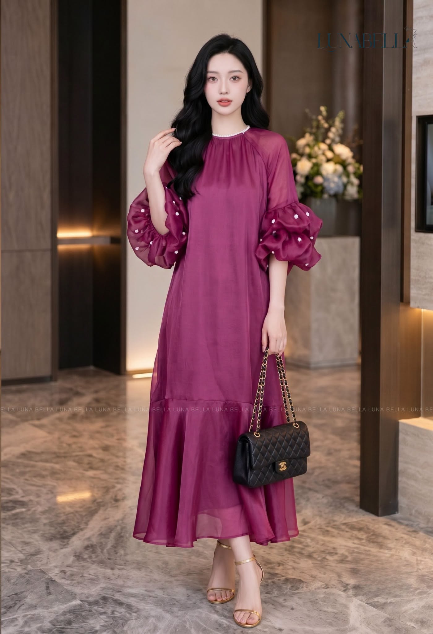 Váy suông tay bèo đính ngọc PEGGY màu TÍM BERRY_thumbnail_1