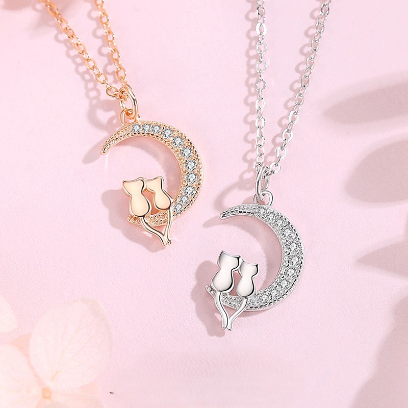 Dây Chuyền Bạc S925 Mẫu Đôi Mèo Ngắm Trăng Xinh Xắn HTT022VH Vàng Hồng - Trắng_thumbnail_1
