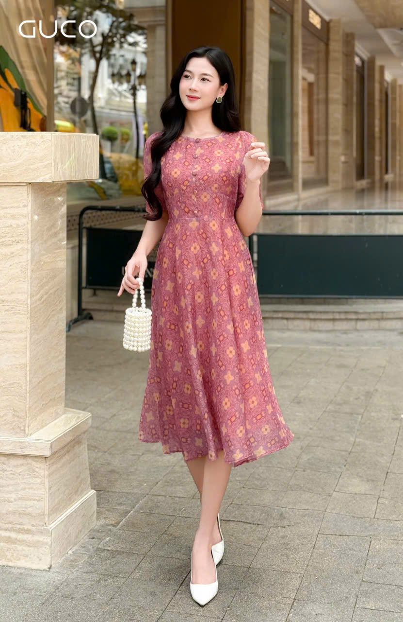 ĐẦM XÒE HOA VÀNG CỔ TRÒN - HỒNG_thumbnail_1