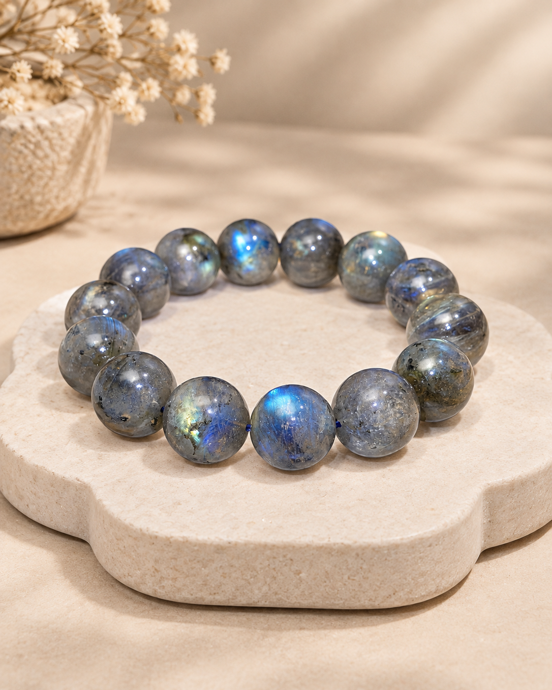 Vòng Tay Đá Xà Cừ Hắc Nguyệt Quang Labradorite Thể Xám