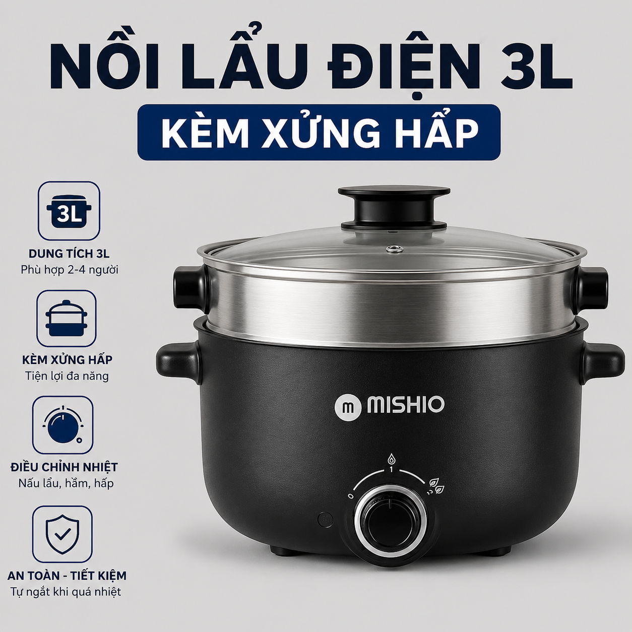 Nồi Lẩu Điện 4L Mishio MK328 có xửng hấp dùng được tối đa 6 người (MÀU ĐEN)