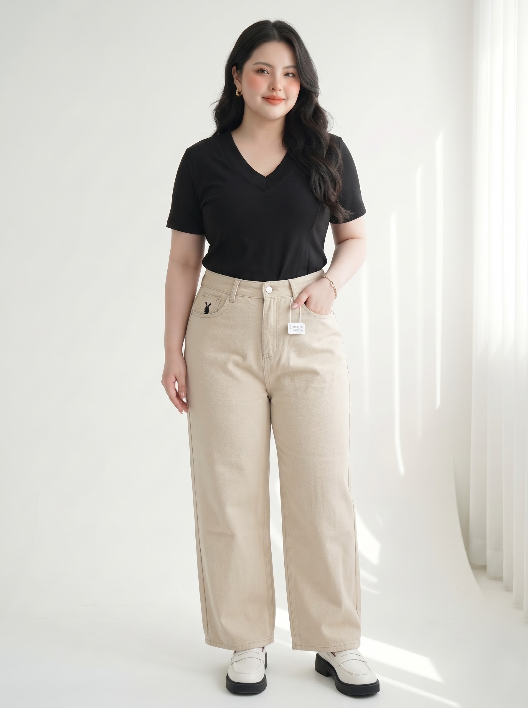 Quần Jean Ống Suông Nấm Thêu Thỏ Bigsize Cạp Cao Không Co Giãn - Be, Đen, Trắng - Vừa 55–90kg - T-QJ5045_thumbnail_1
