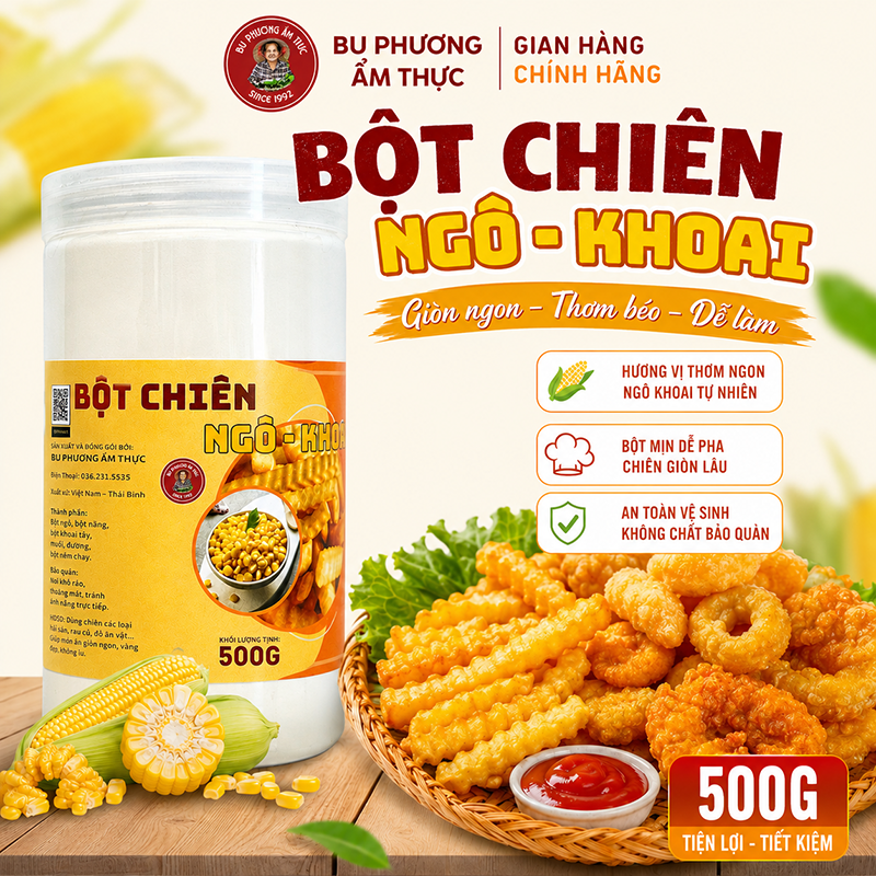 Bột Chiên Ngô Khoai Bu Phương 500G – Chiên Ngô, Khoai Tây, Khoai Lang & Rau Củ Giòn Rụm - BP32