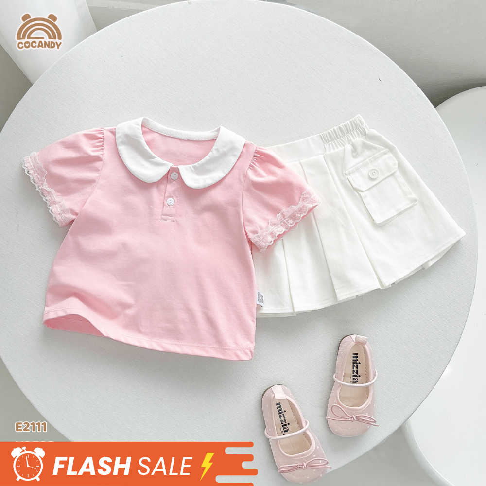 Áo cộc polo HỒNG tay nhún ren
