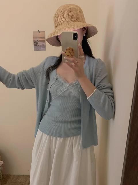 Lucas - Set áo len 2 dây phối viền ren ngực + áo khoác cardigan cúc ngọc gân dọc